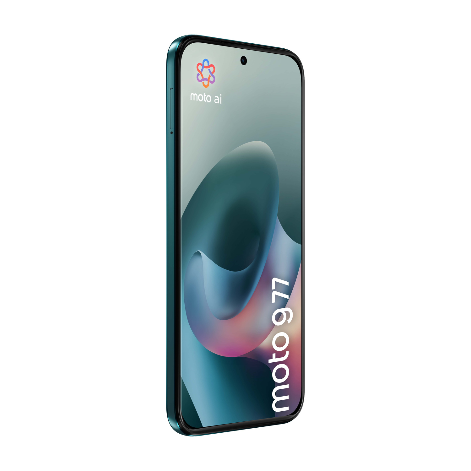 Uno smartphone color turchese con la scritta "moto 977" e il logo moto ai.