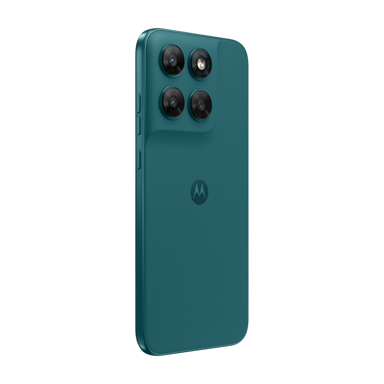 Retro di uno smartphone turchese con quattro fotocamere e logo Motorola.