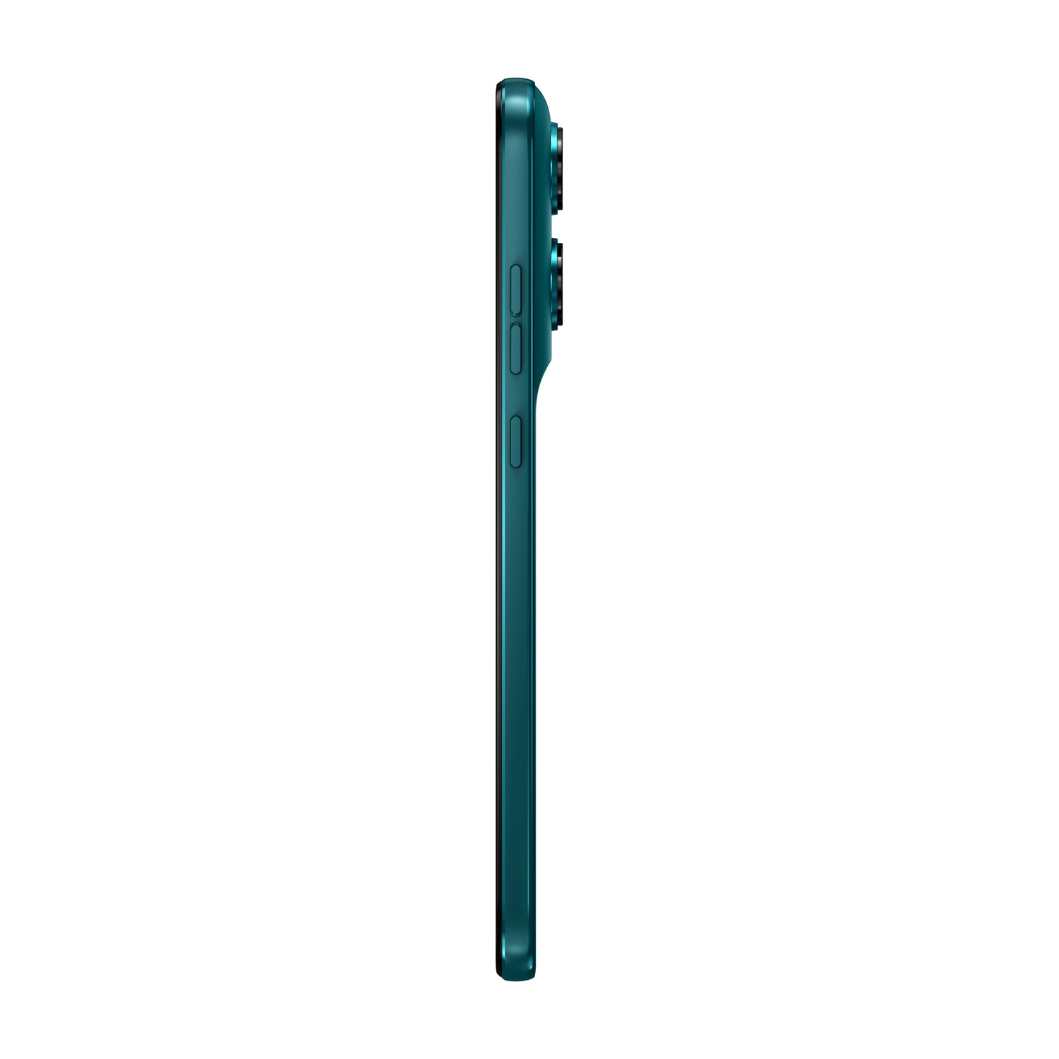 Uno smartphone verde acqua di profilo, con tre fotocamere sul retro.