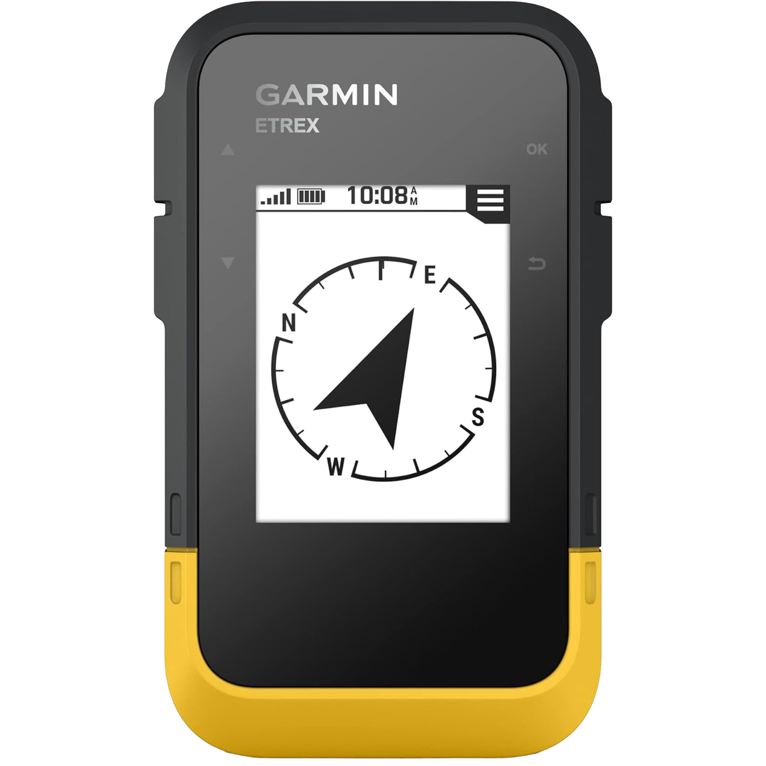 Een Garmin Etrex GPS-apparaat met kompas, tijd en batterijstatus.