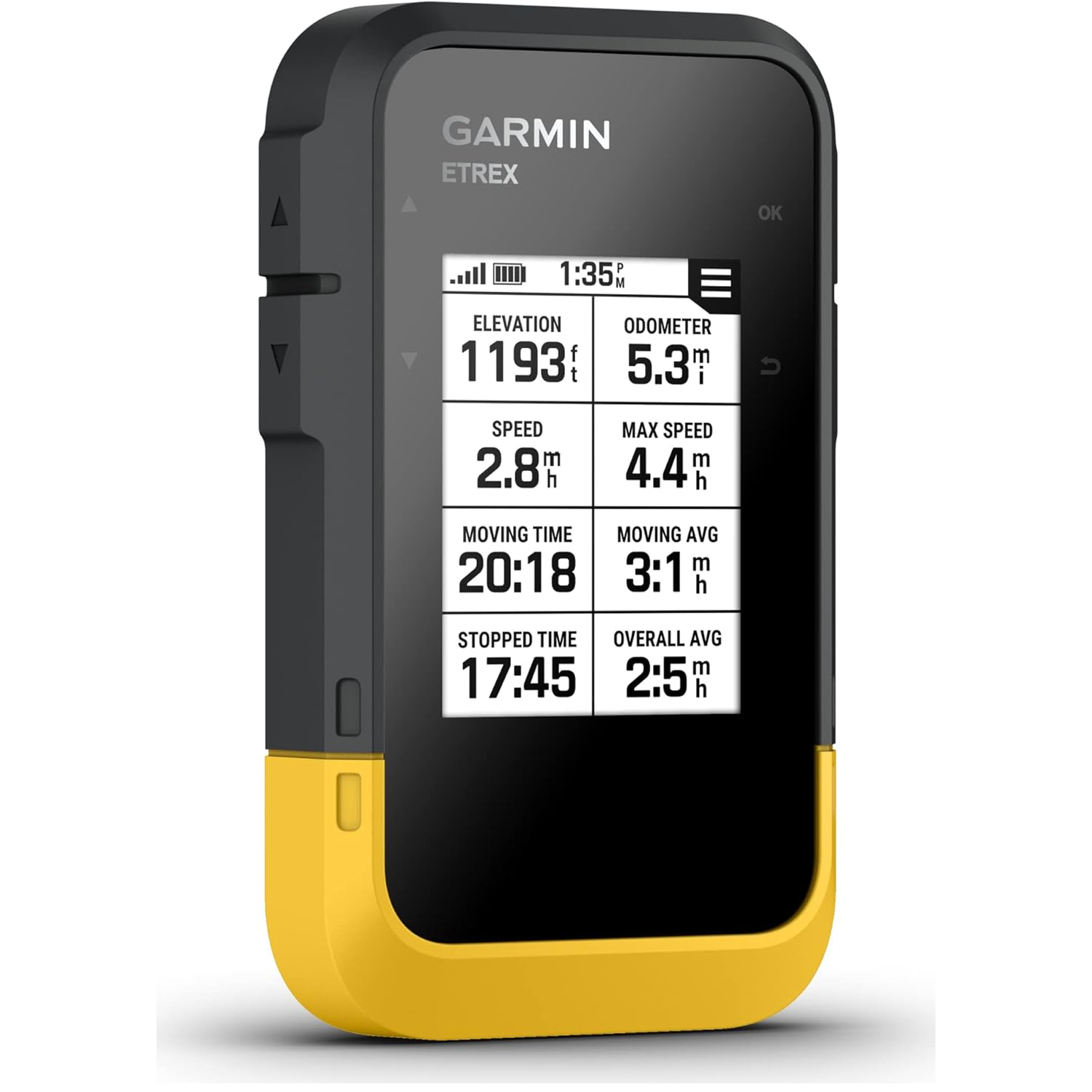 Garmin Etrex GPS-apparaat, zwart en geel omhulsel, toont hoogte, kilometerteller en snelheden.