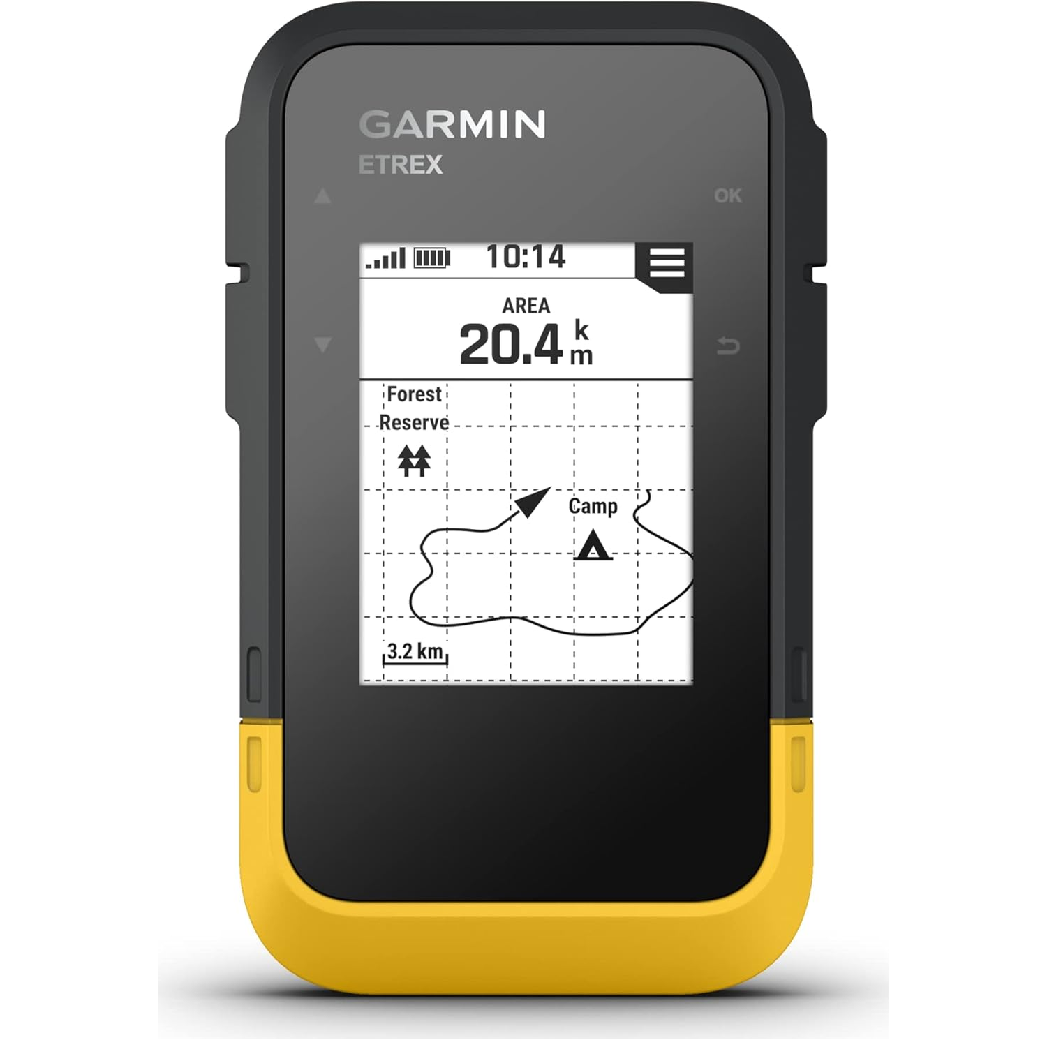 Garmin eTrex GPS-apparaat met kaart, tijd en afstand op scherm.