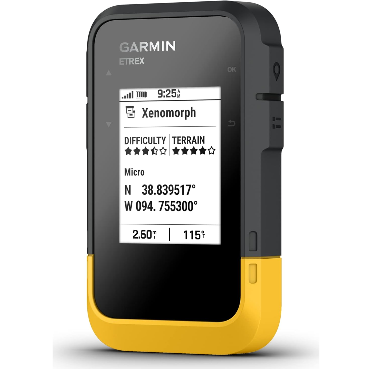 Een zwart en geel Garmin Etrex GPS-apparaat met "Xenomorph" op het scherm.