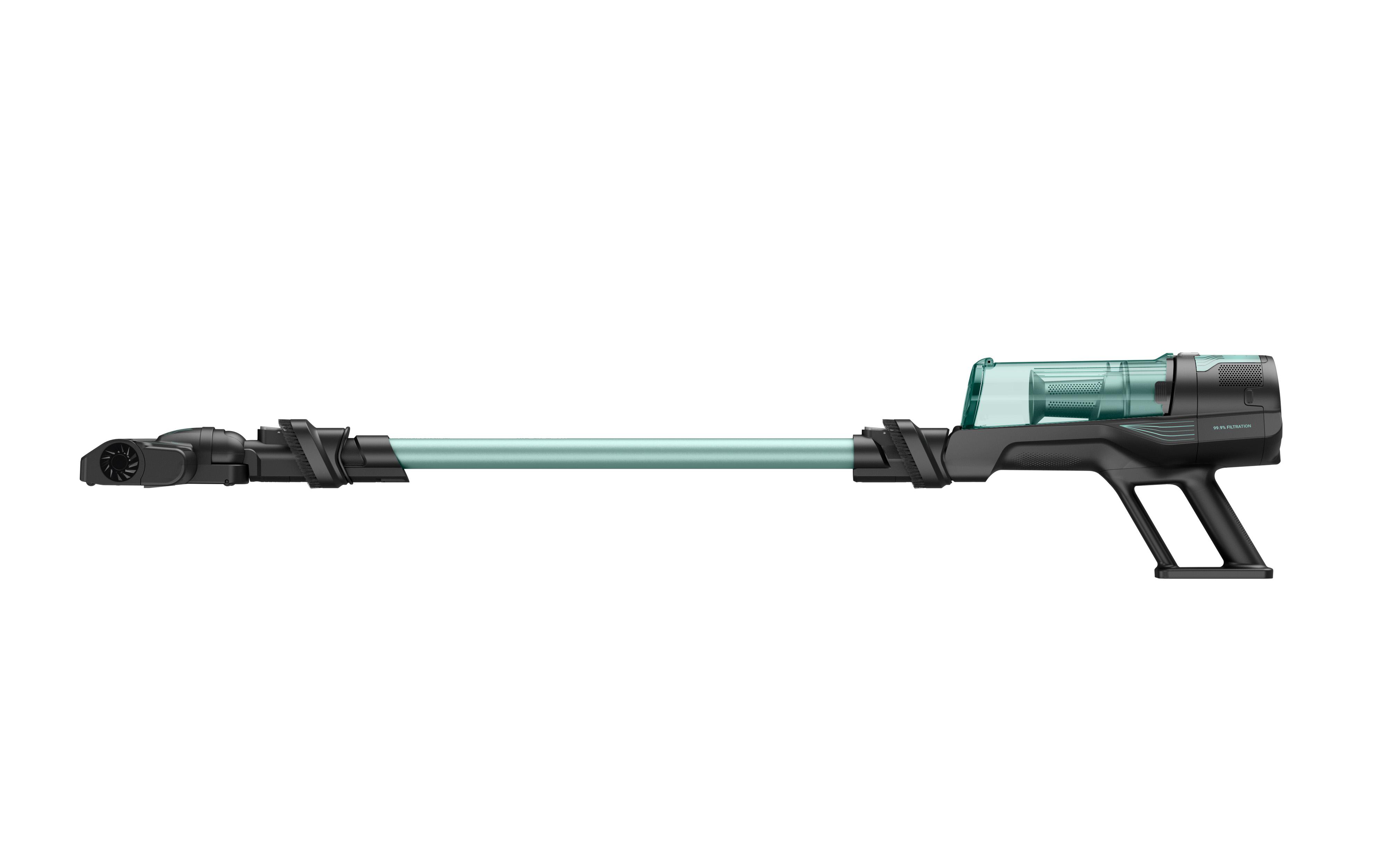 Ein schlanker, tragbarer Staubsauger mit blauem Rohr und schwarzem Griff.