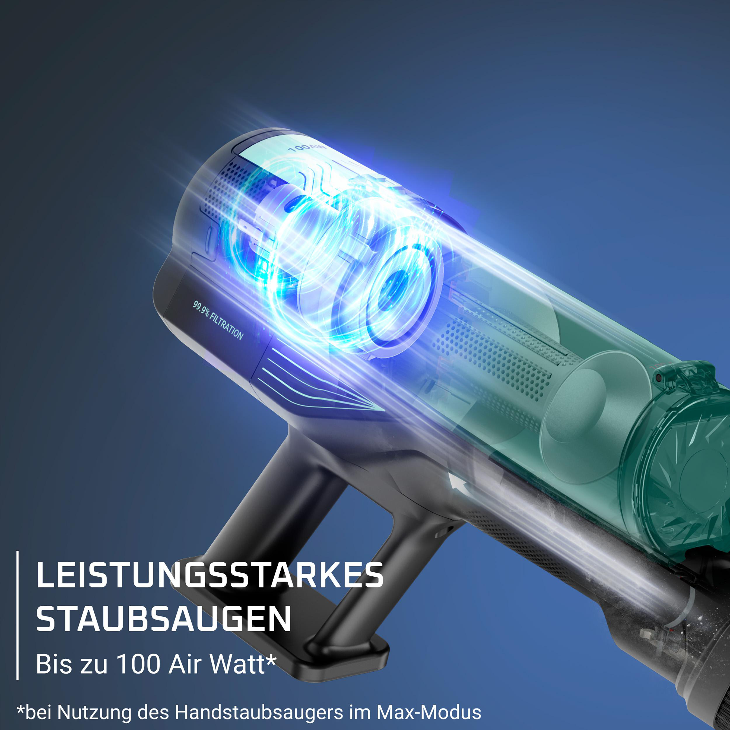 Leistungsstarker Staubsauger mit 99,9% Filtration und 100 Air Watt.