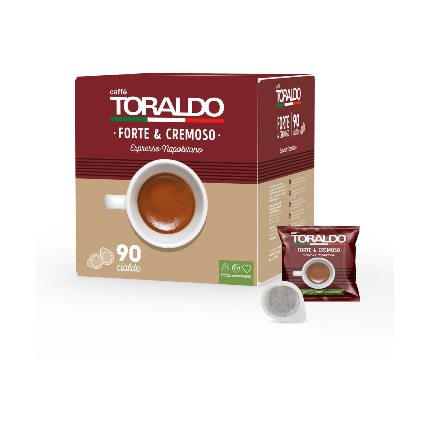 Caffè Toraldo: 90 cialde Forte & Cremoso Espresso Napoletano su scatola marrone.