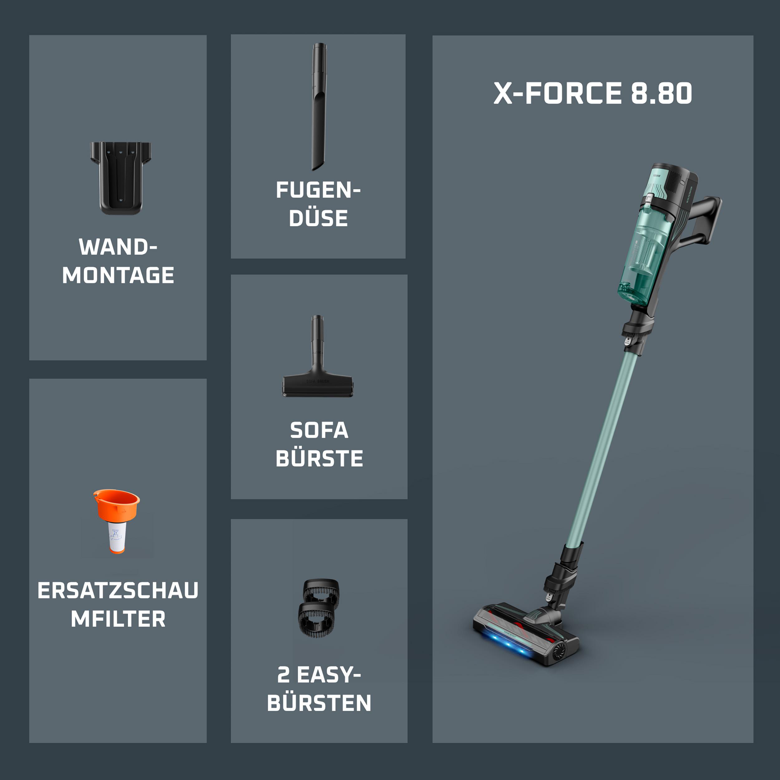 Der X-Force 8.80 Staubsauger mit Zubehör: Wandhalterung, Fugendüse, Sofabürste, Ersatzfilter und Bürsten.