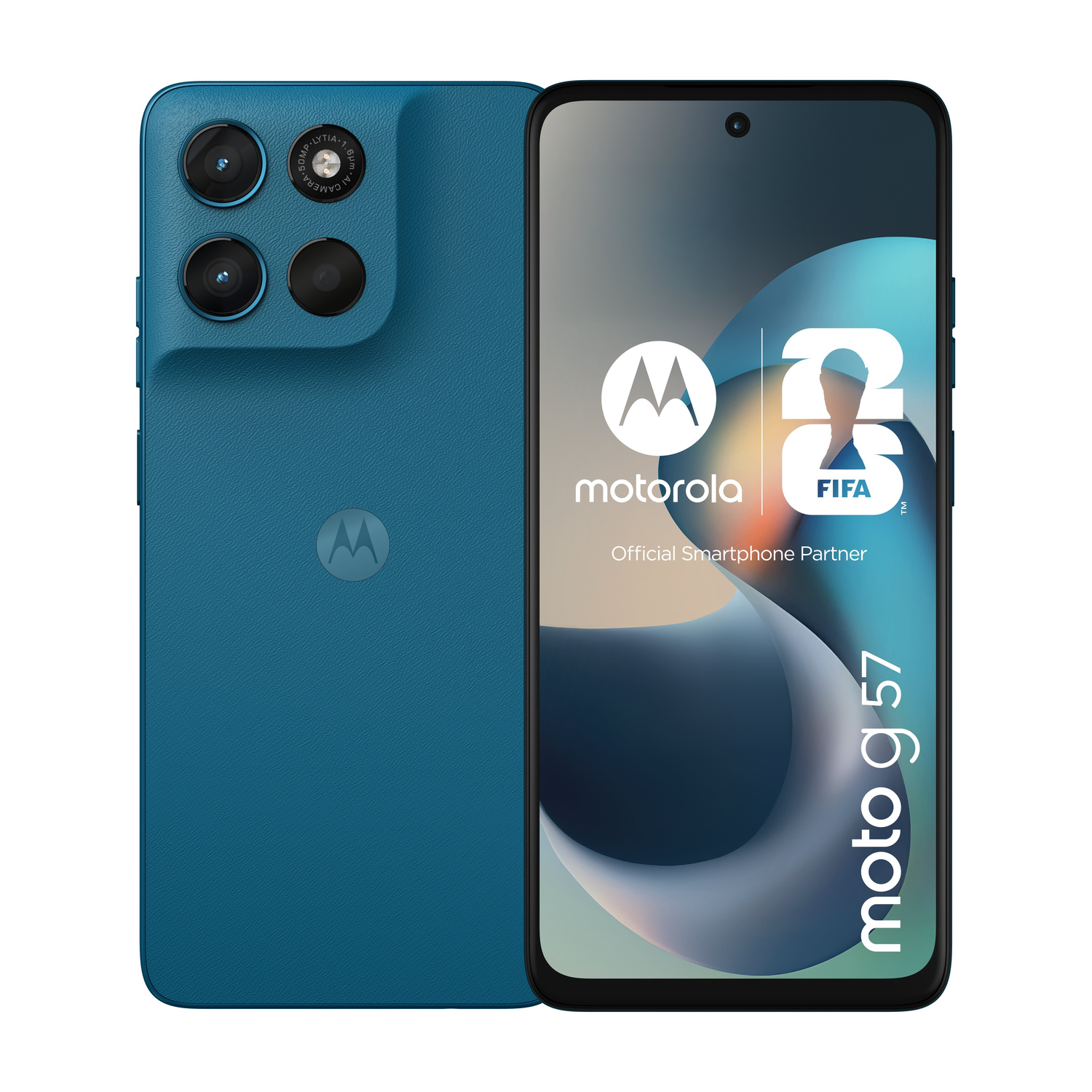 Telefono Motorola moto g 57 blu con tripla fotocamera e logo FIFA sullo schermo.