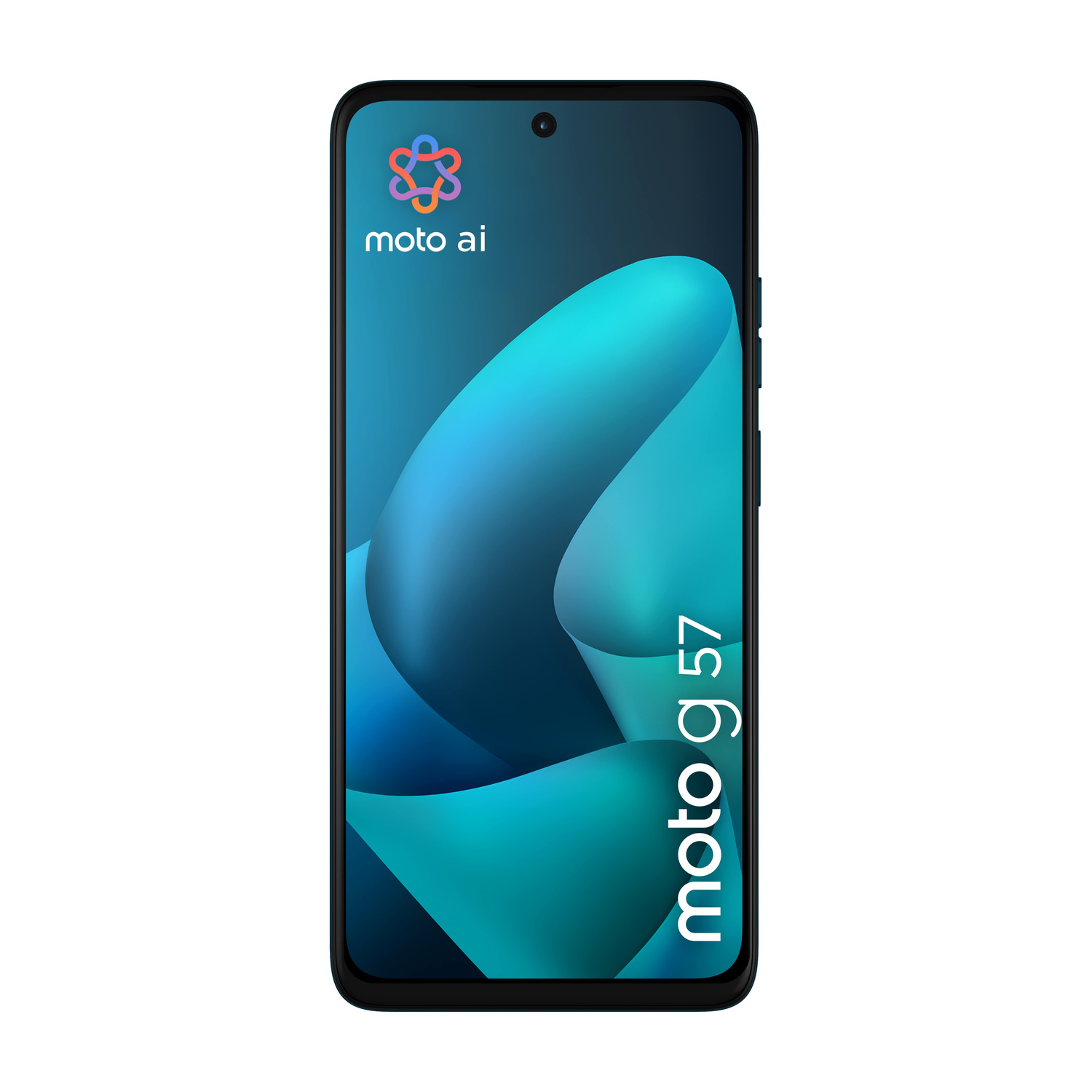 Uno smartphone nero con sfondo astratto blu e il logo 'moto ai'.