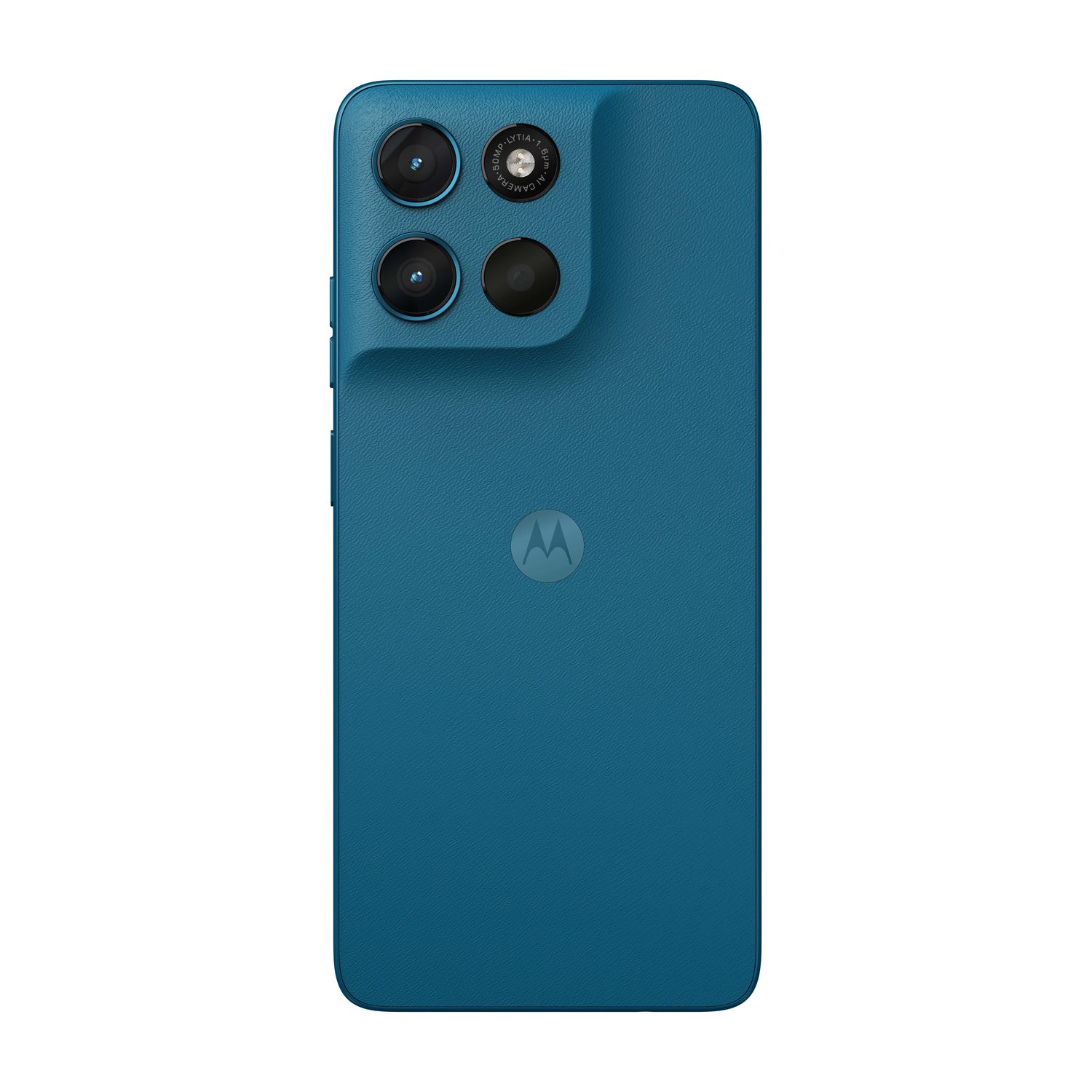 Uno smartphone blu con tre fotocamere e un logo Motorola sul retro.