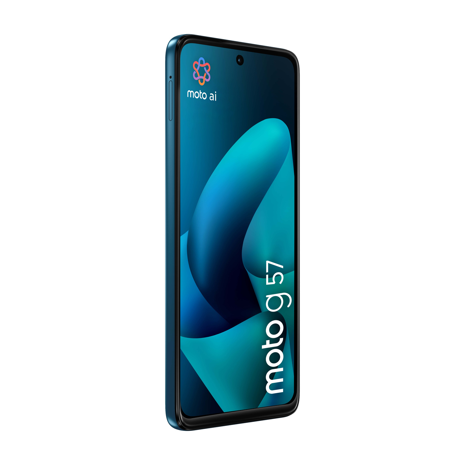 Uno smartphone Motorola G 57 blu con un logo moto ai colorato sullo schermo.