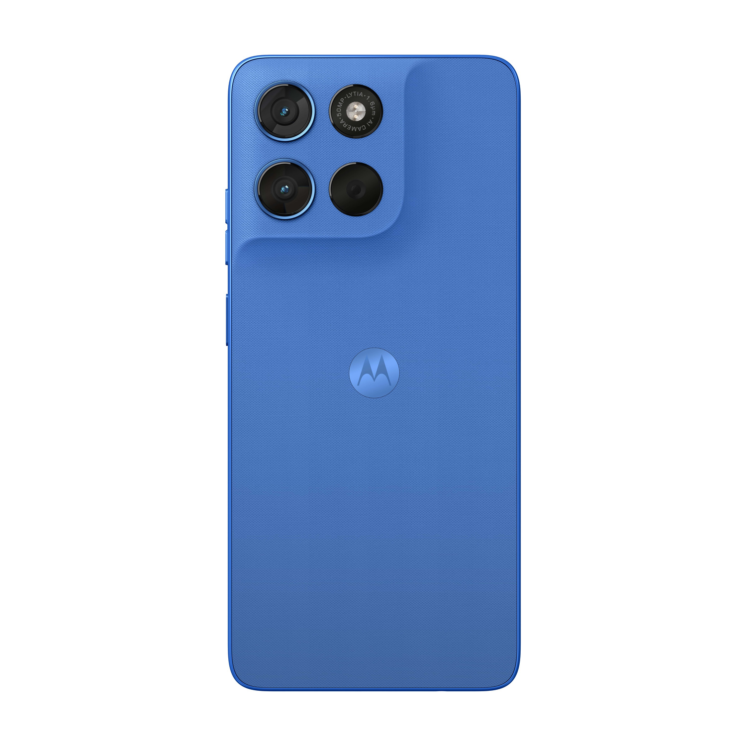 Smartphone blu con tre fotocamere e logo Motorola sul retro.