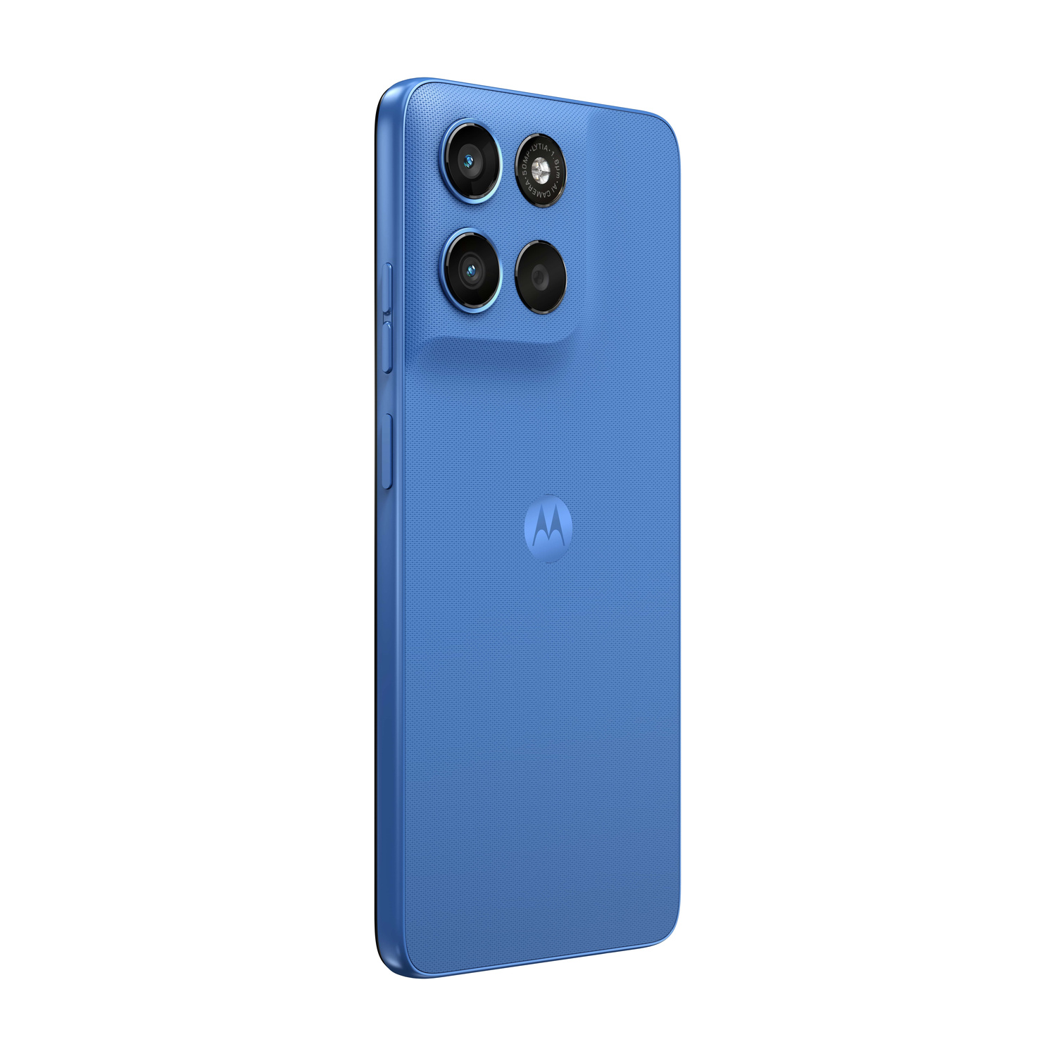 Smartphone blu con tre fotocamere e logo Motorola sul retro.
