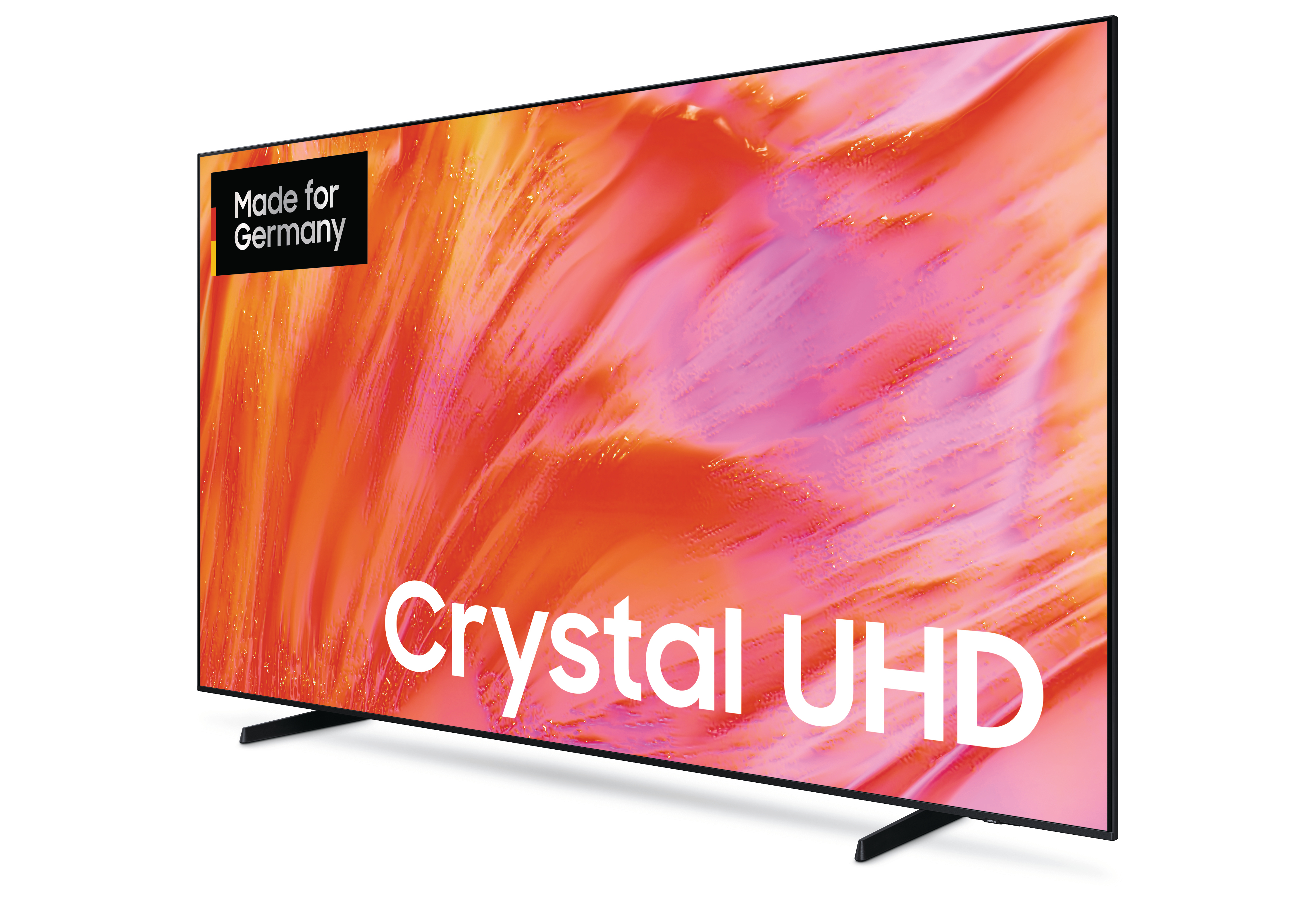 Ein moderner Fernseher mit „Made for Germany“-Aufkleber und „Crystal UHD“-Text.