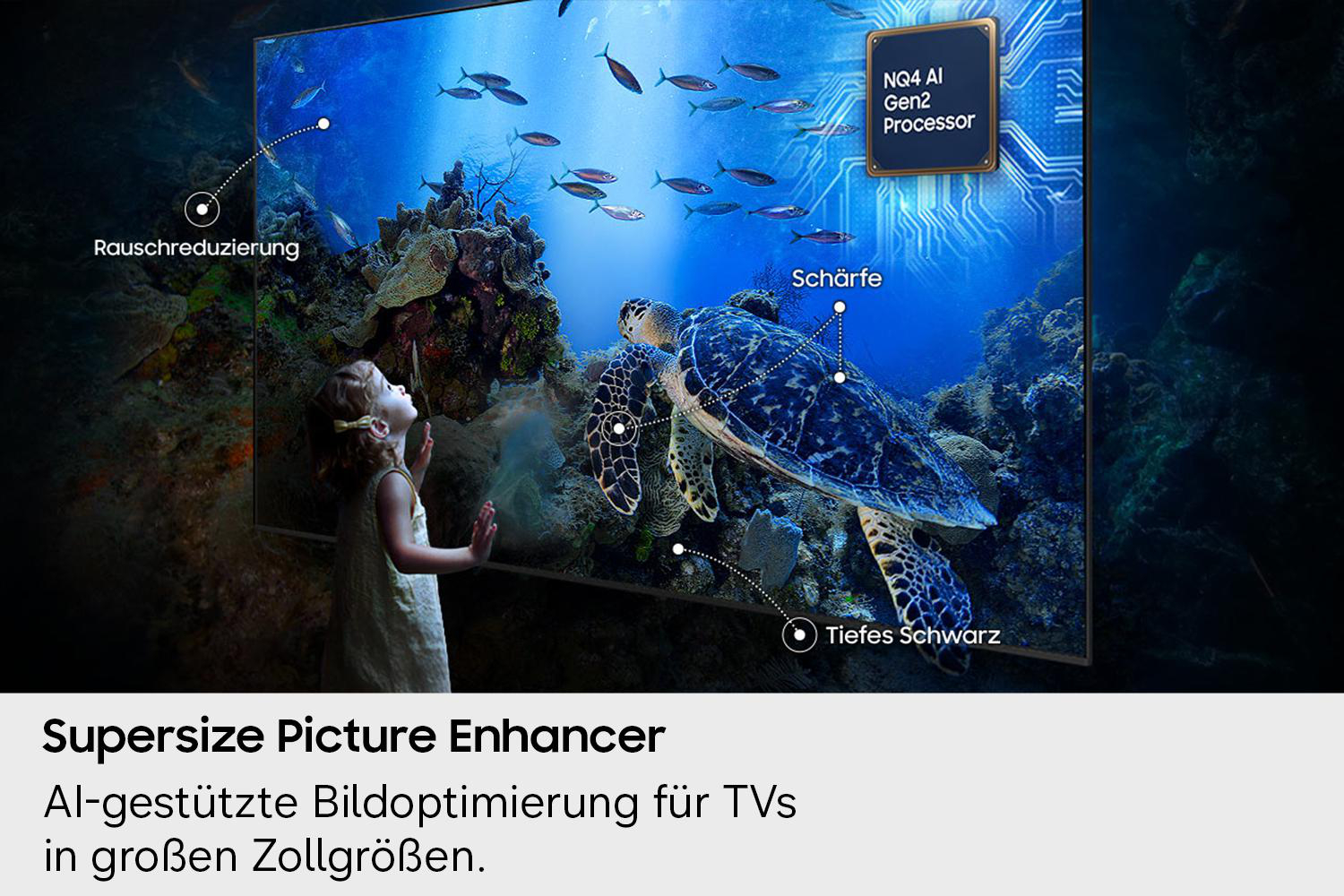 Ein Mädchen schaut auf einen Fernseher mit Meerestieren und einem Prozessor-Chip.