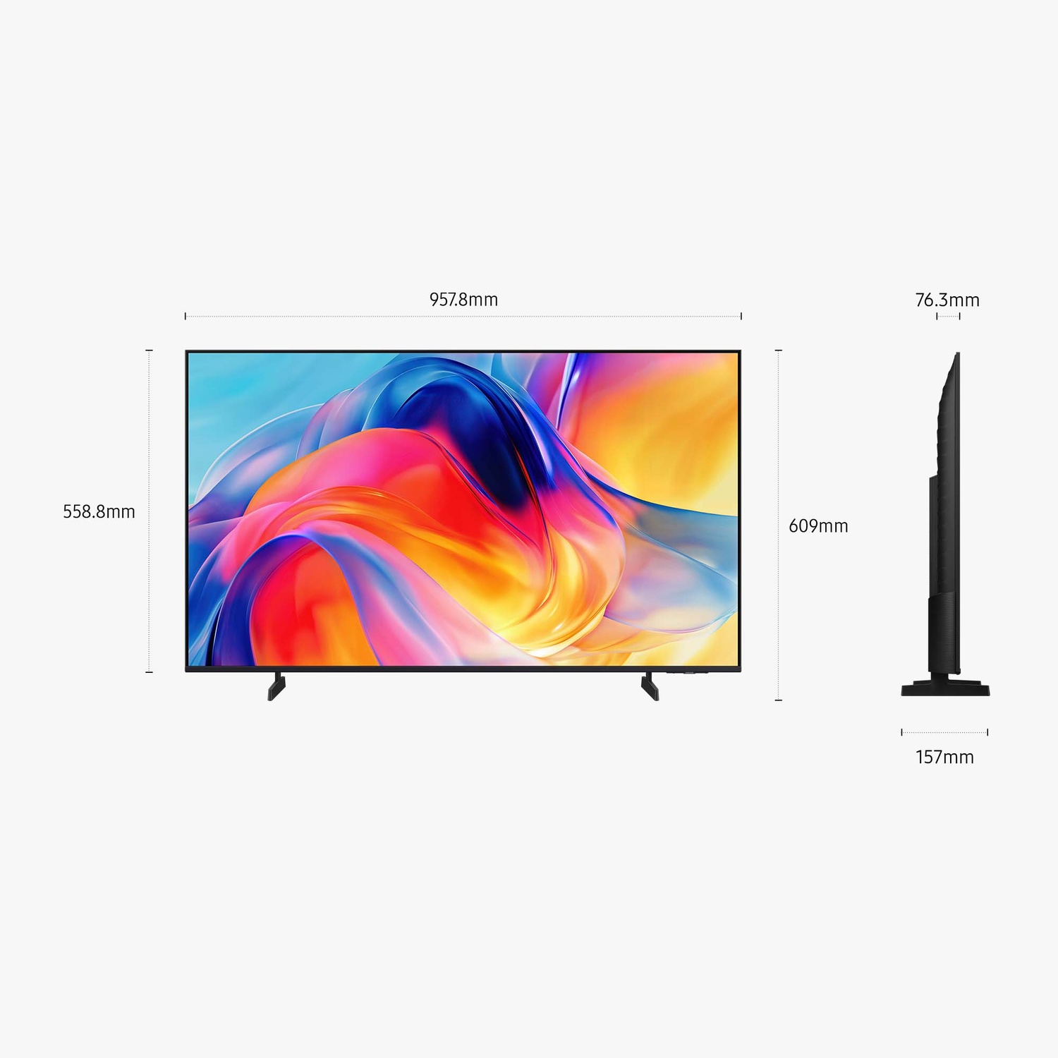 TV moderno con schermo colorato e dimensioni.