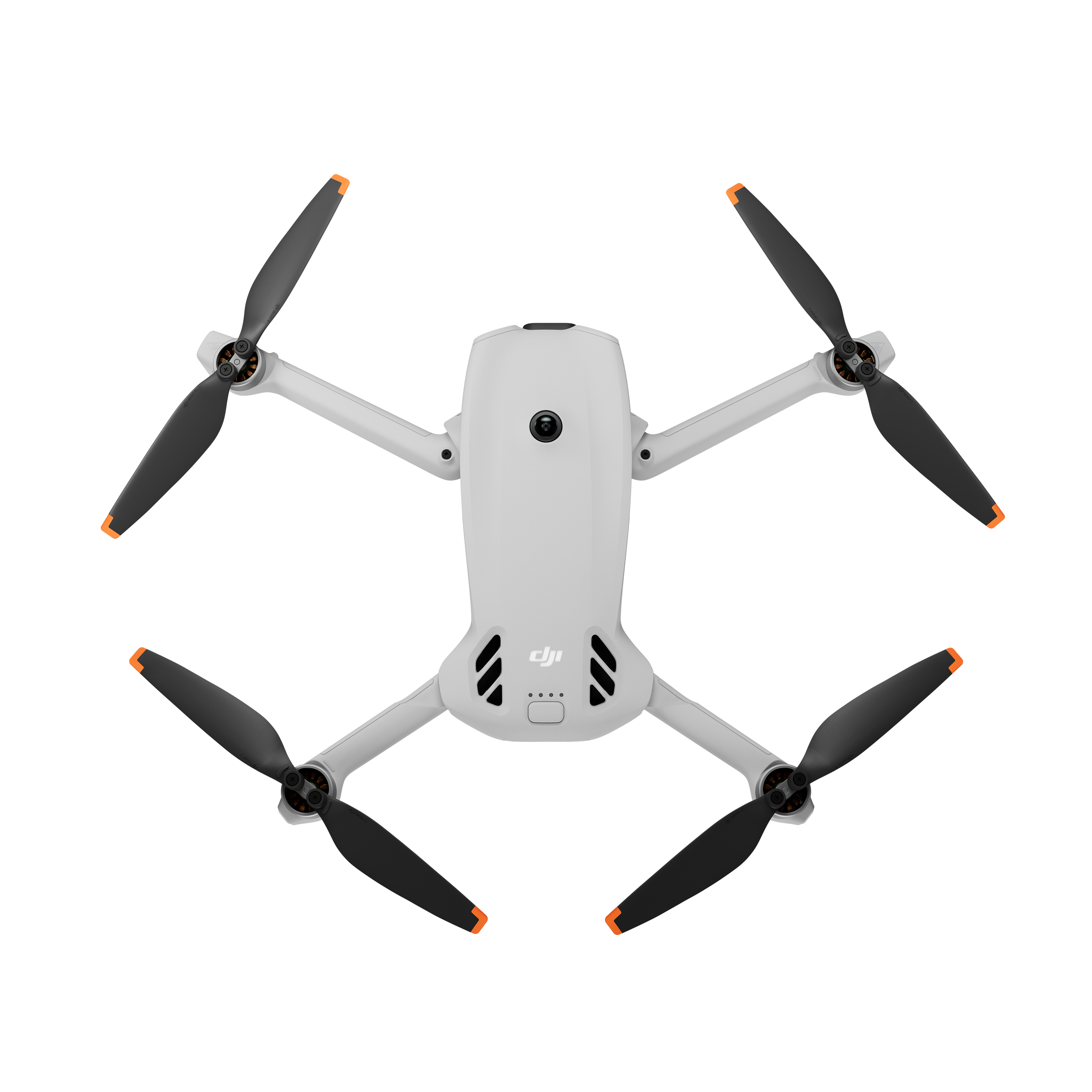 Biały dron z czterema czarnymi śmigłami zakończonymi na pomarańczowo.