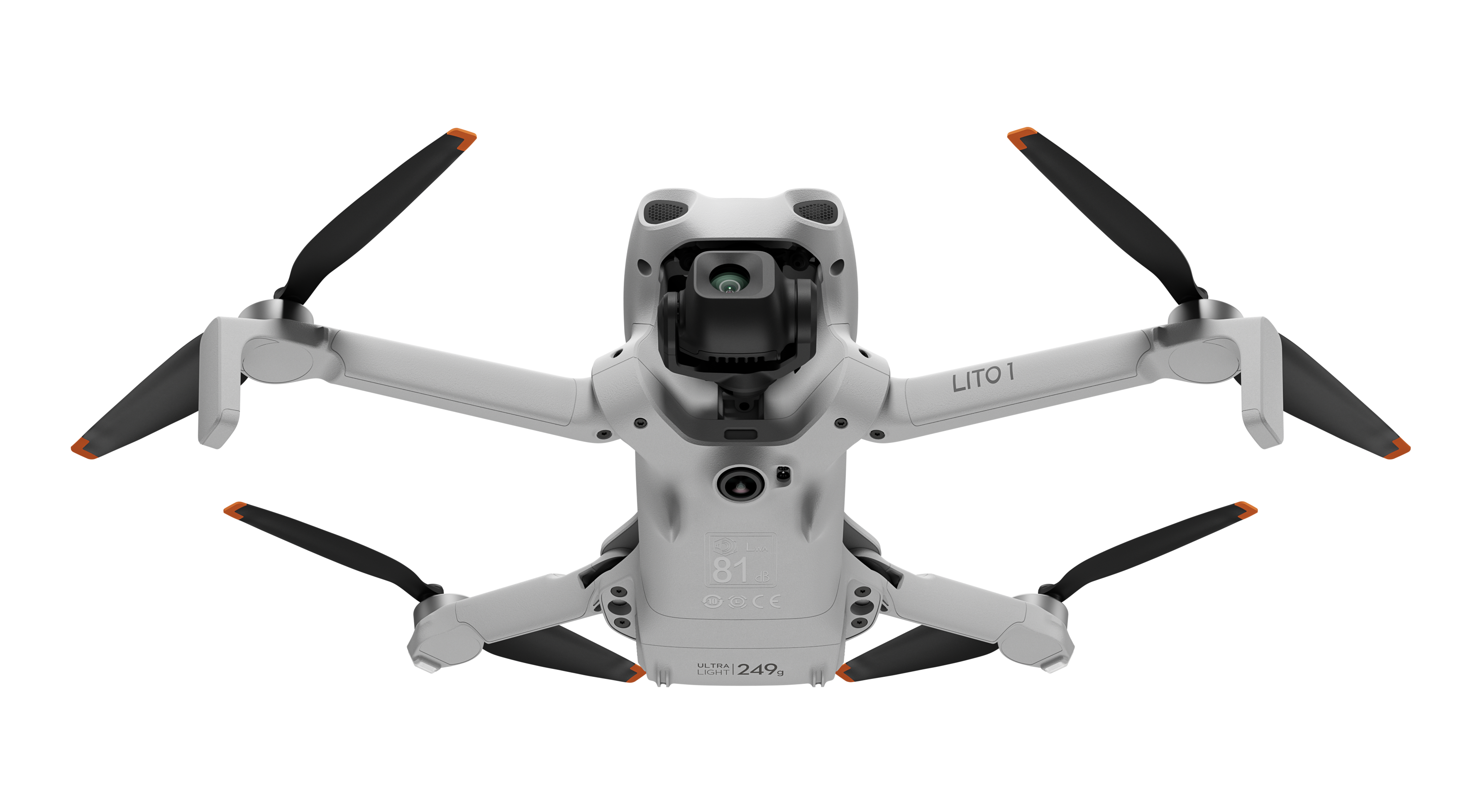 Biały dron z czarnymi śmigłami i pomarańczowymi końcówkami na czarnym tle.