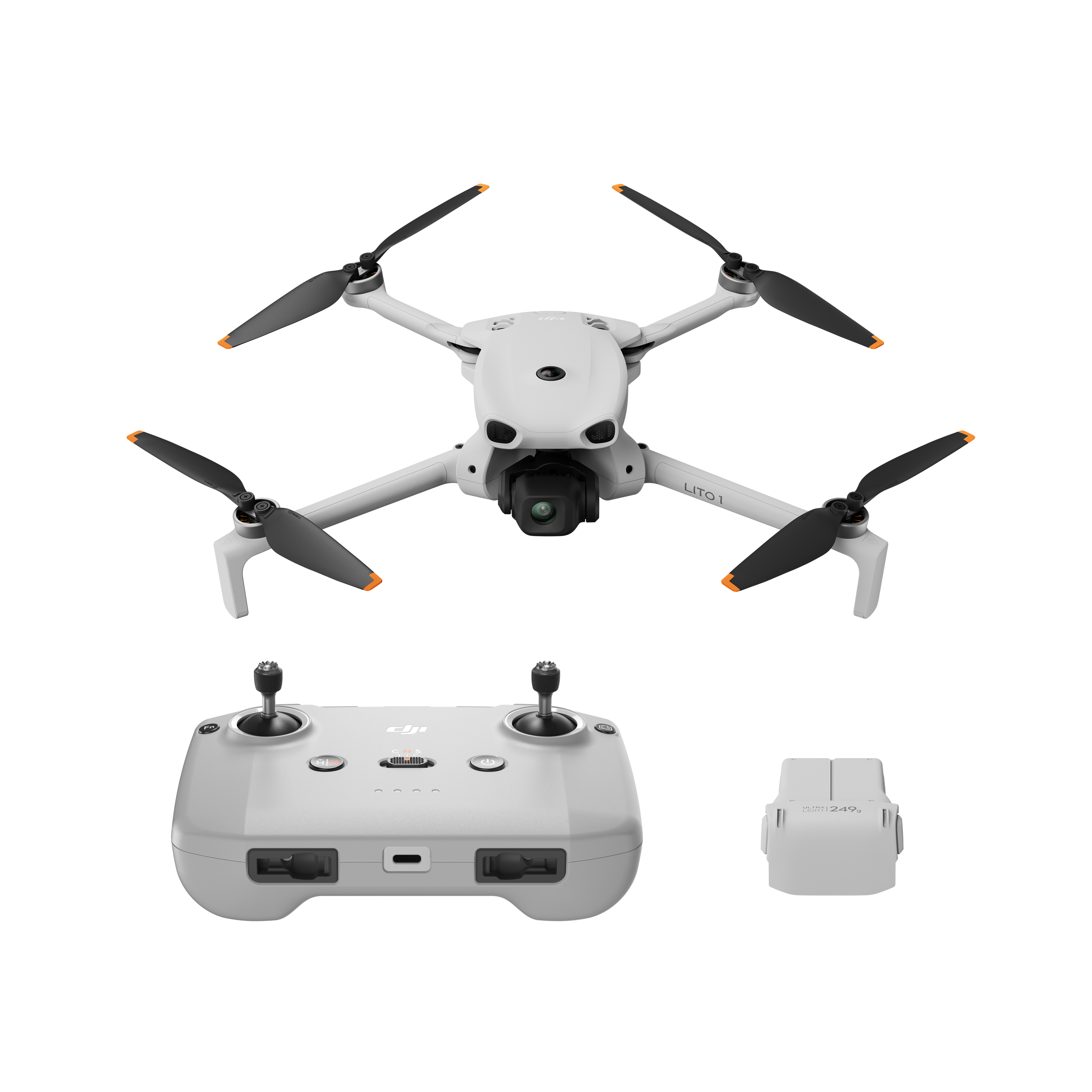 Biały mini dron, kontroler i bateria na białym tle.