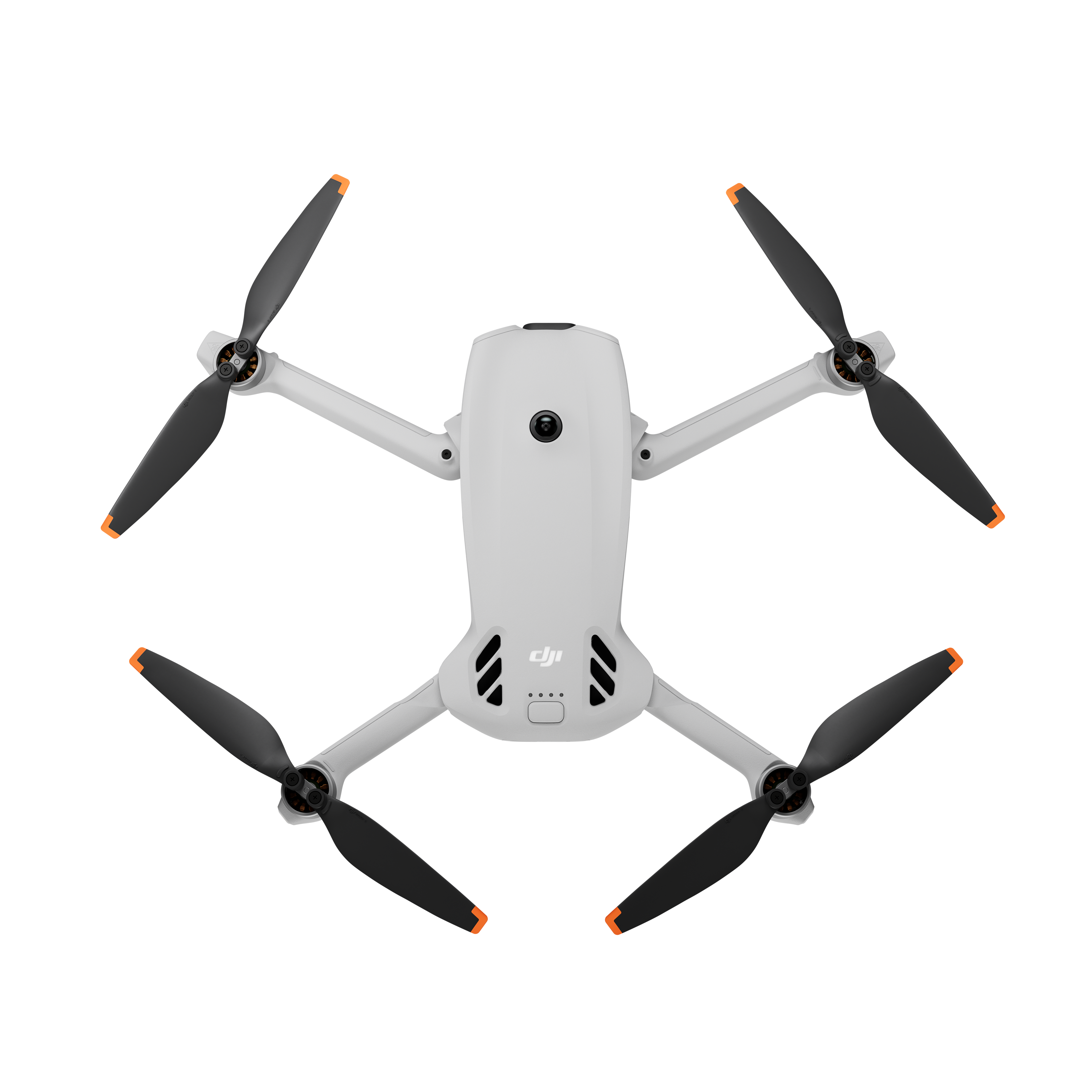 Biały dron z czterema czarnymi śmigłami z pomarańczowymi końcówkami.