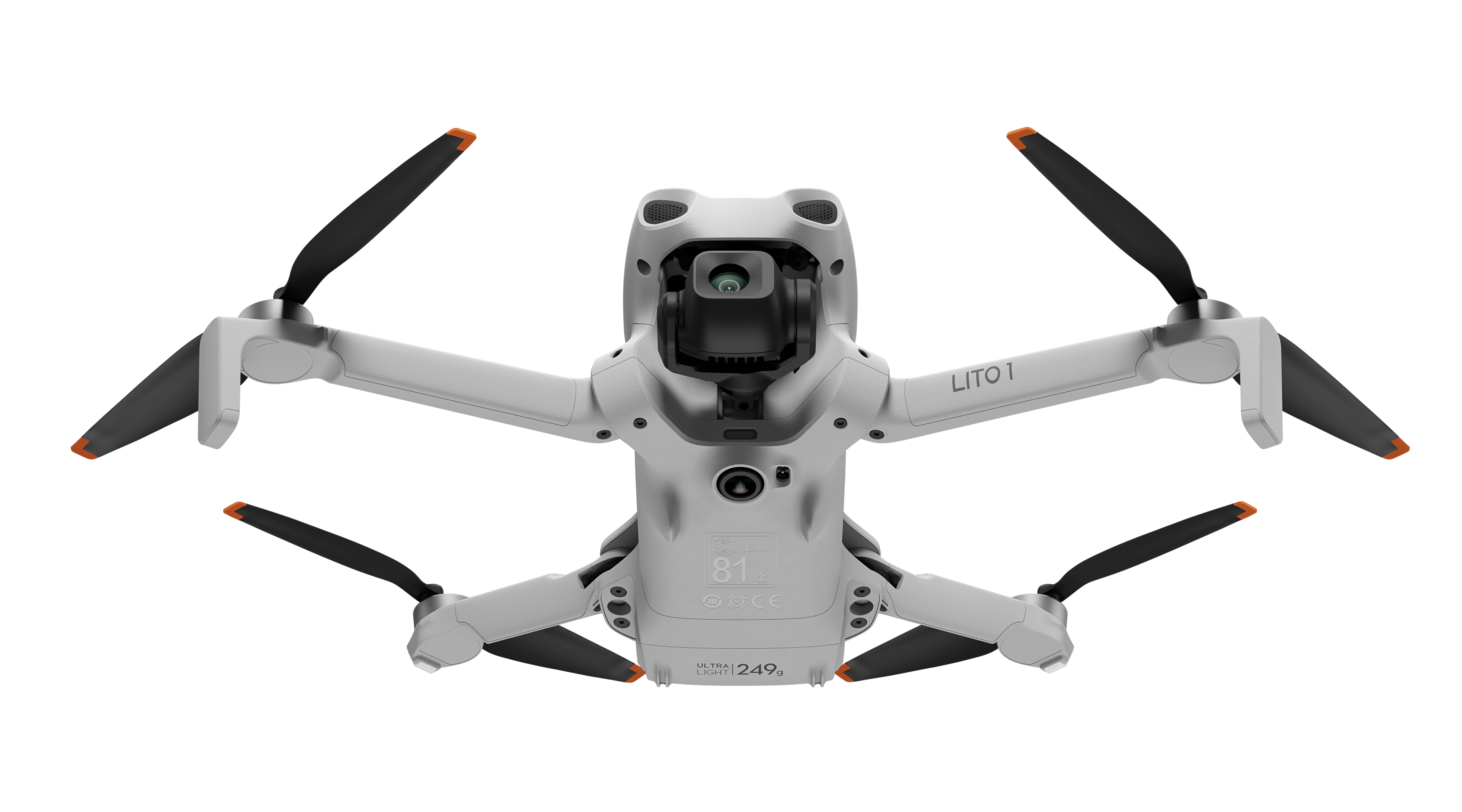 Biały dron z czterema czarnymi śmigłami, każde zakończone pomarańczowym.