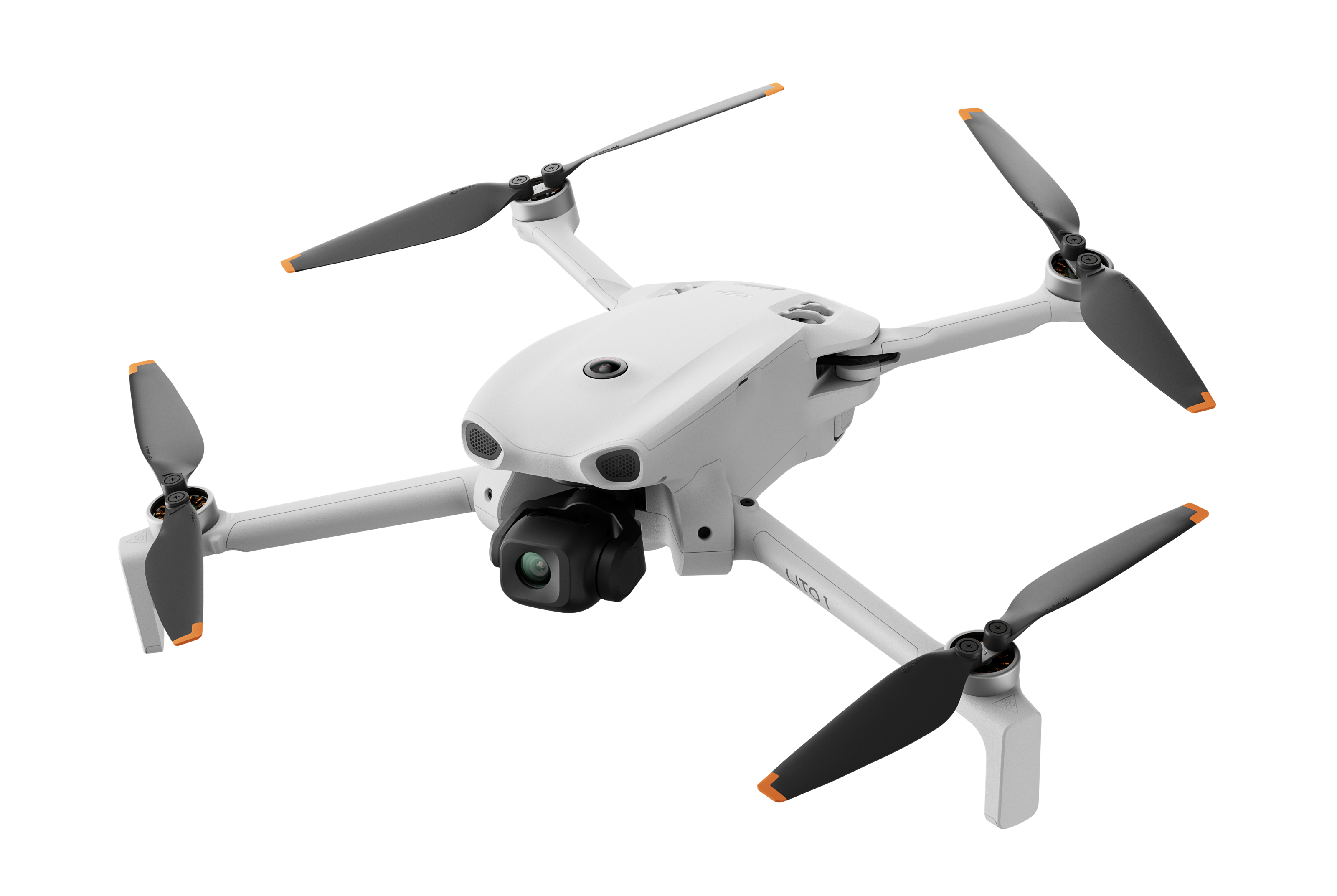 Biały dron czterowirnikowy z czarnymi śmigłami i pomarańczowymi końcówkami na czarnym tle.