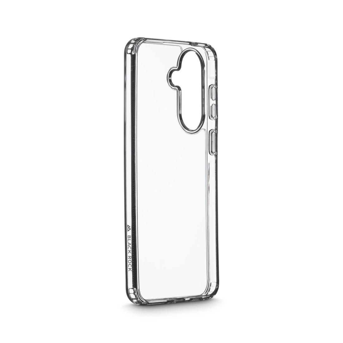 Transparente Handyhülle mit schwarzem Rand und Kameraaussparung.