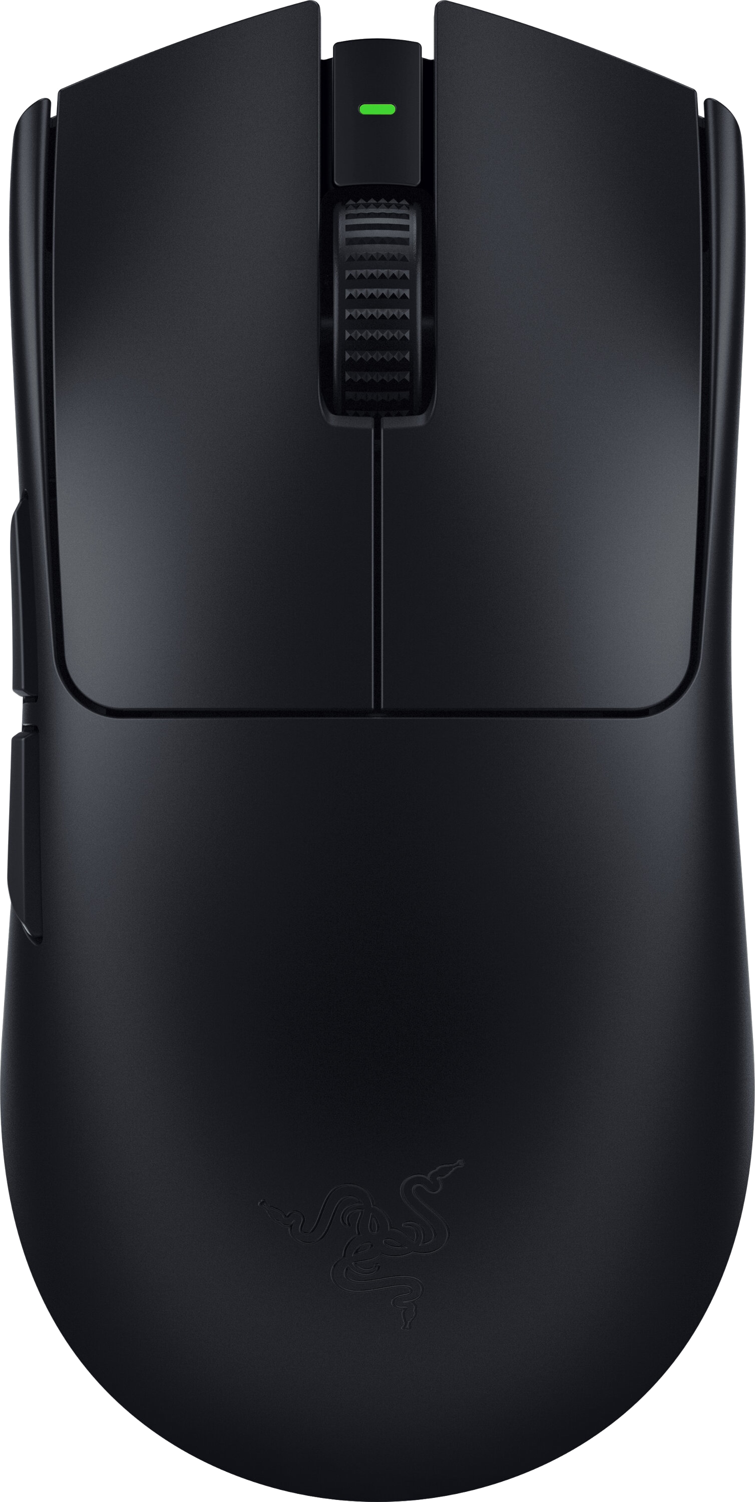 Czarna mysz gamingowa z teksturowanym kółkiem, zieloną diodą i logo Razer.