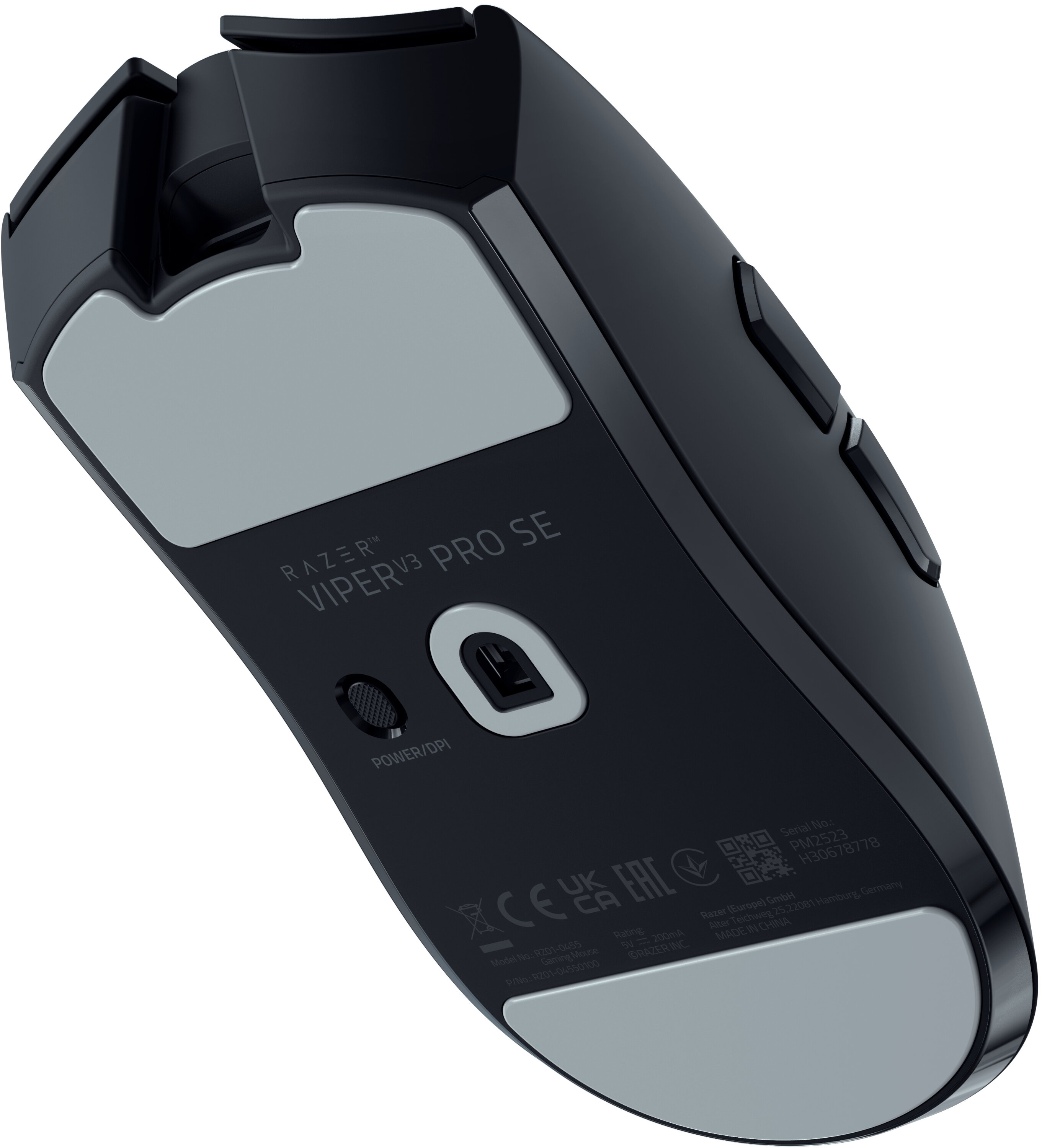 Spód czarnej myszy gamingowej Razer Viper V3 Pro SE ze srebrnymi akcentami.