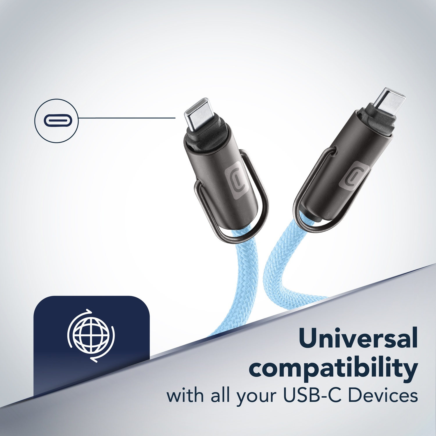 Primo piano di due cavi USB-C neri con cordoni intrecciati azzurri.