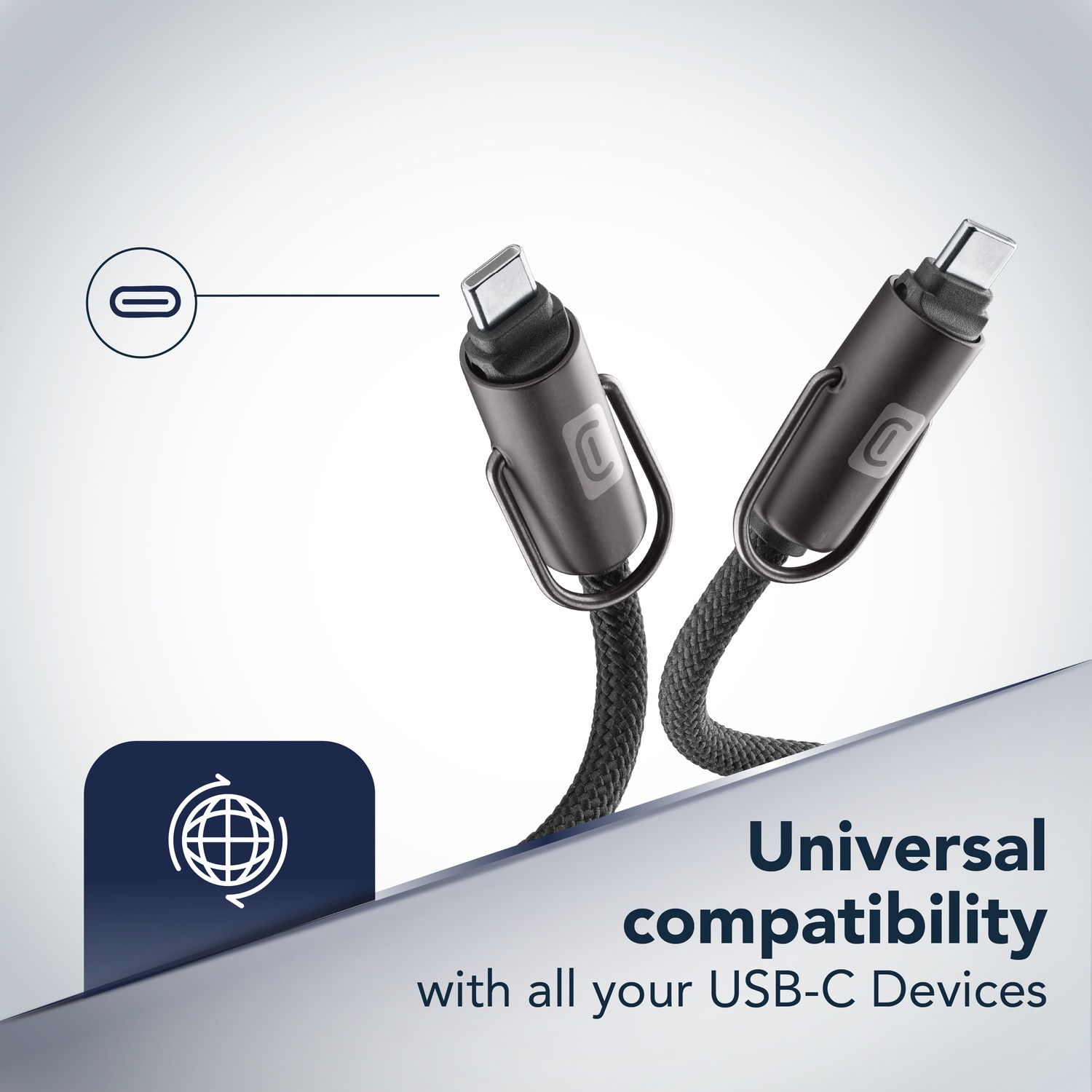 Due cavi USB-C con connettori scuri e cordoni intrecciati.