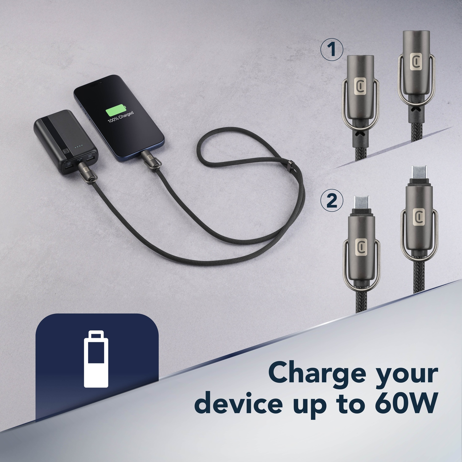 Uno smartphone viene caricato da un power bank con un cavo nero.