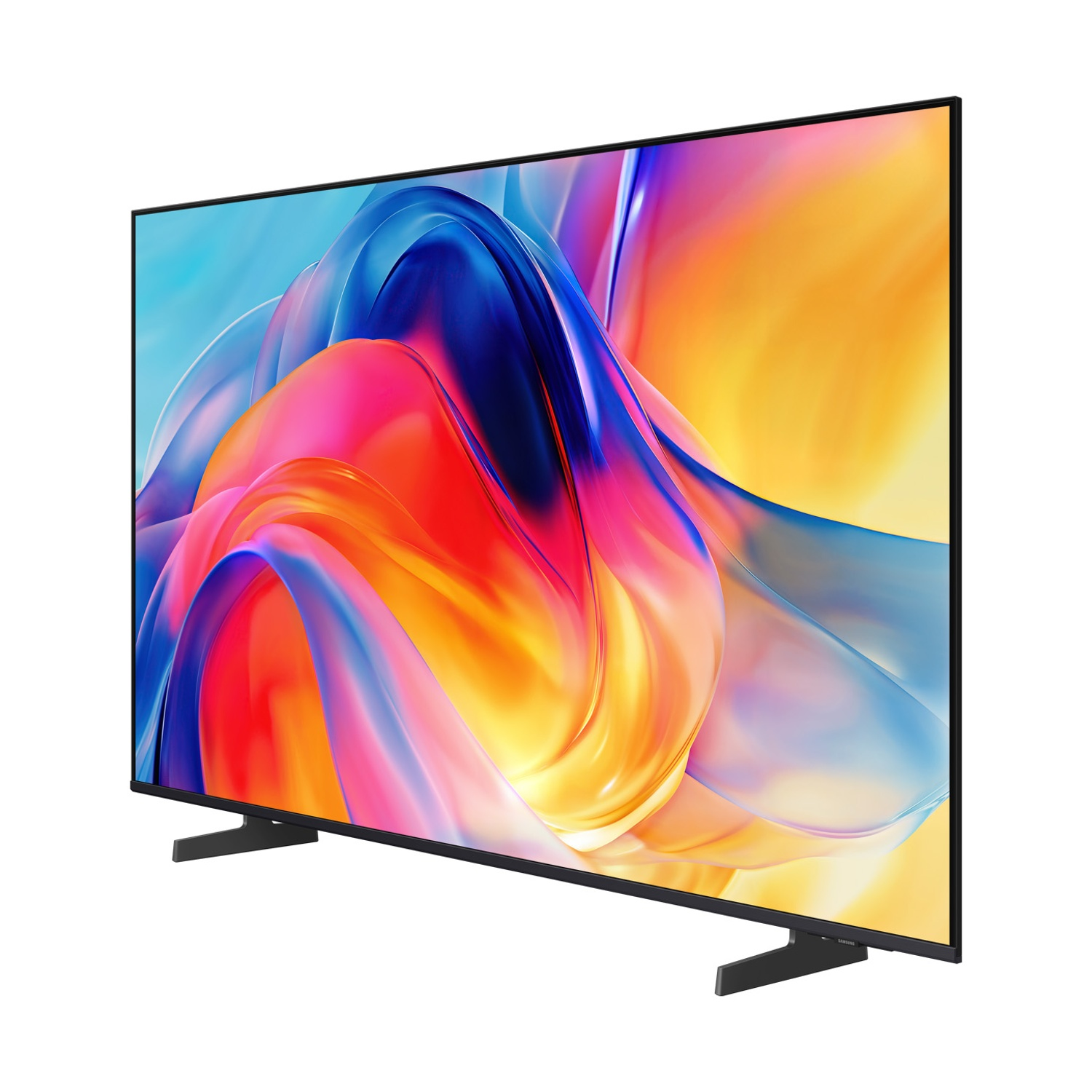 Televisore nero con screensaver astratto e colorato su sfondo bianco.