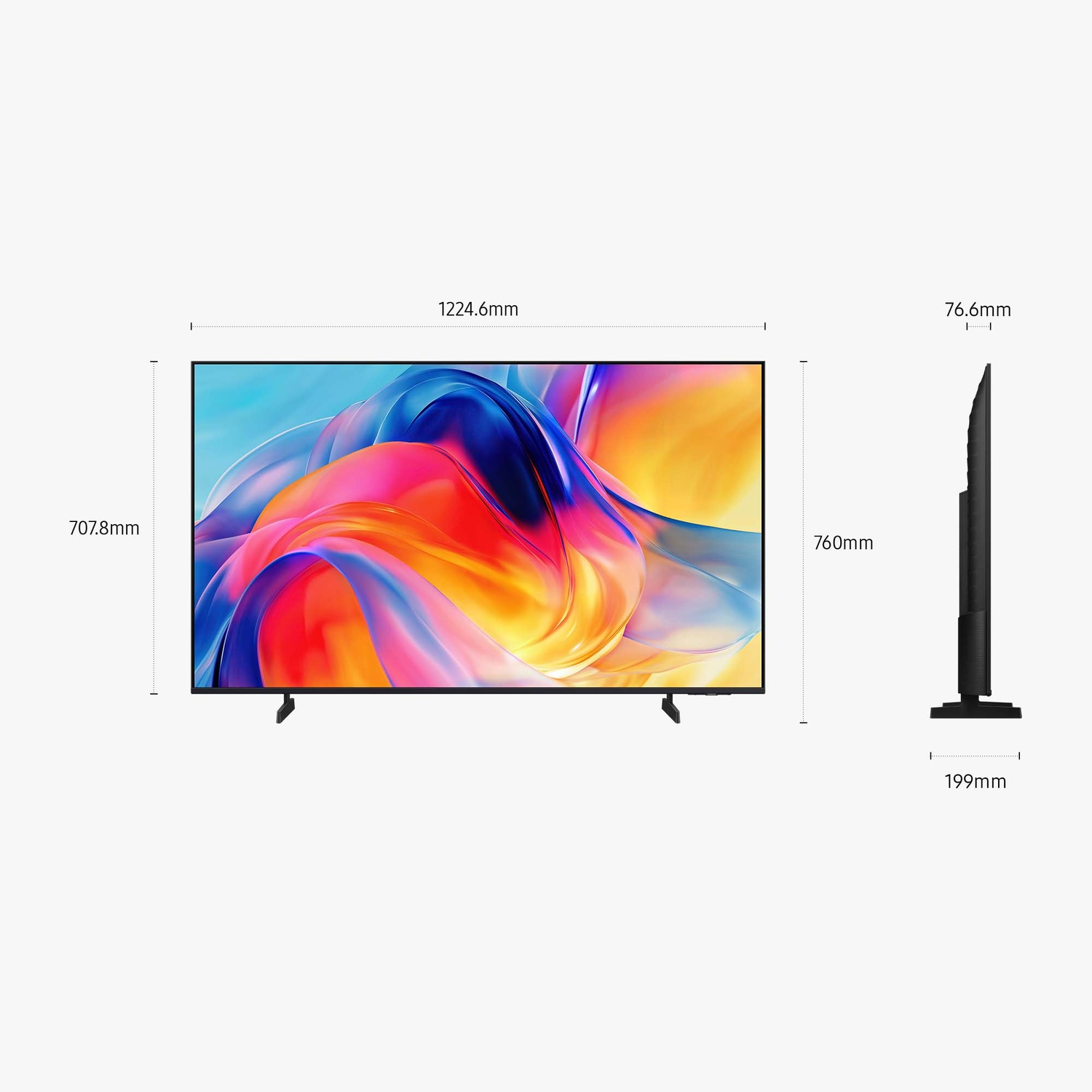 Una TV moderna con sfondo astratto colorato e dimensioni indicate.
