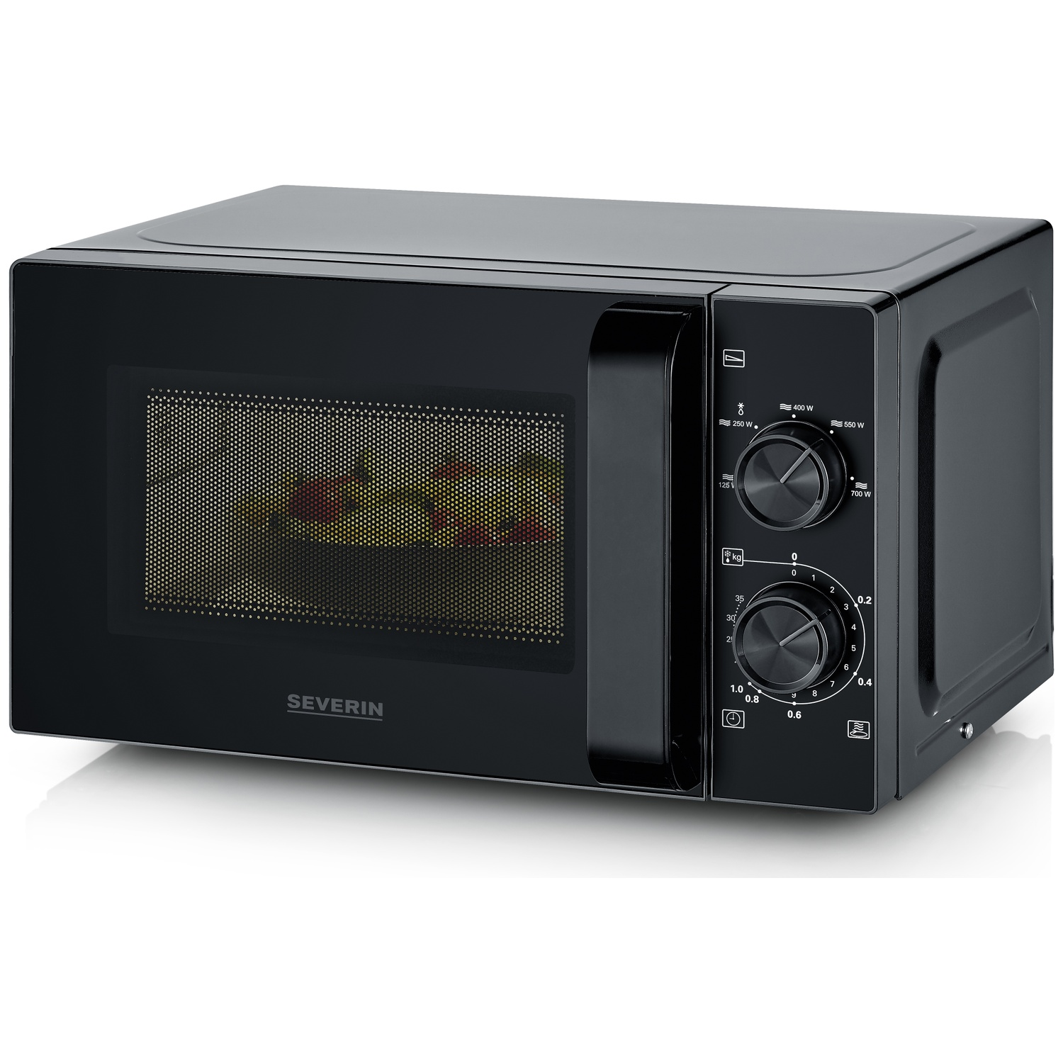 Black microwave with silver handle and controls. Food is visible inside.