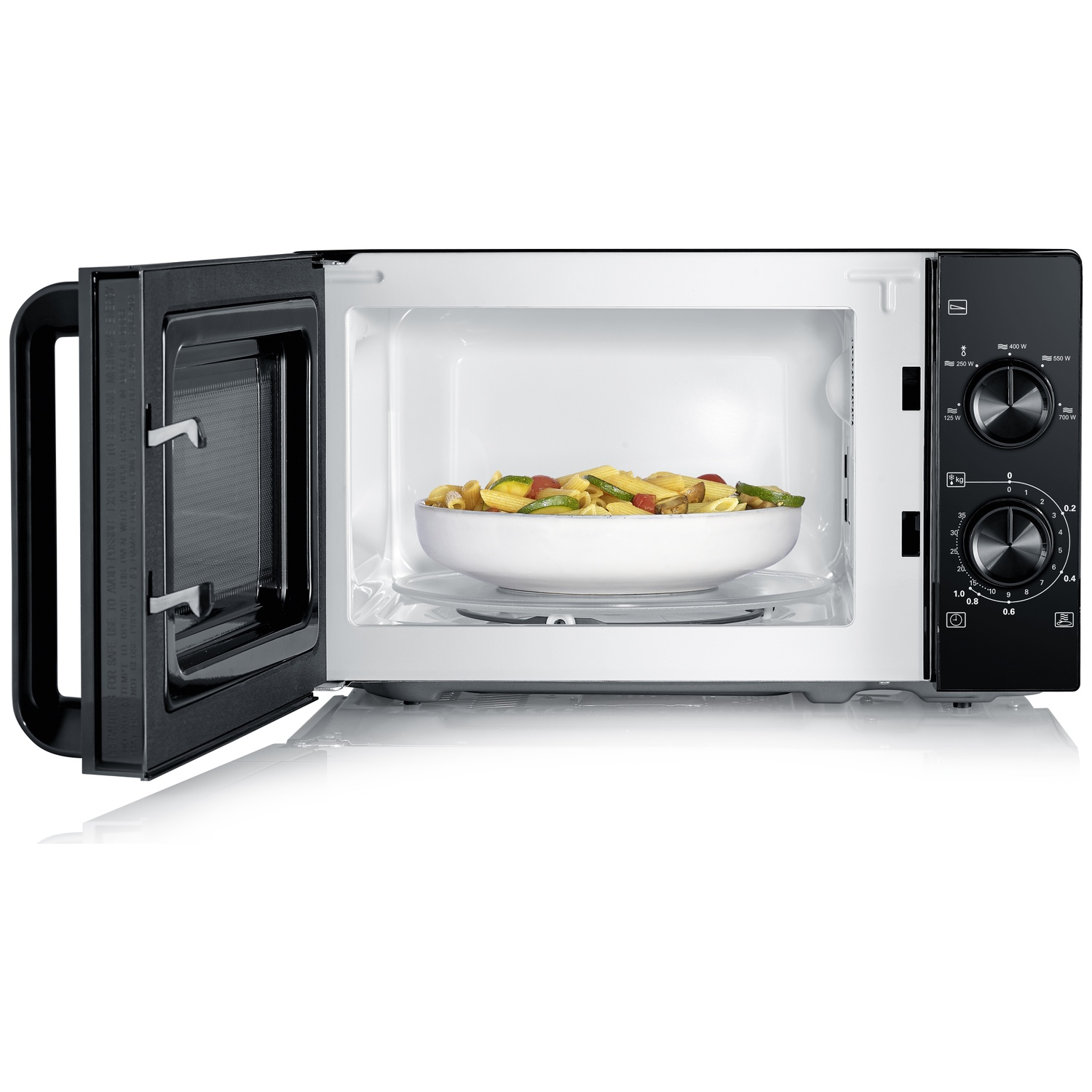 A microwave oven with its door open, containing a bowl of pasta.