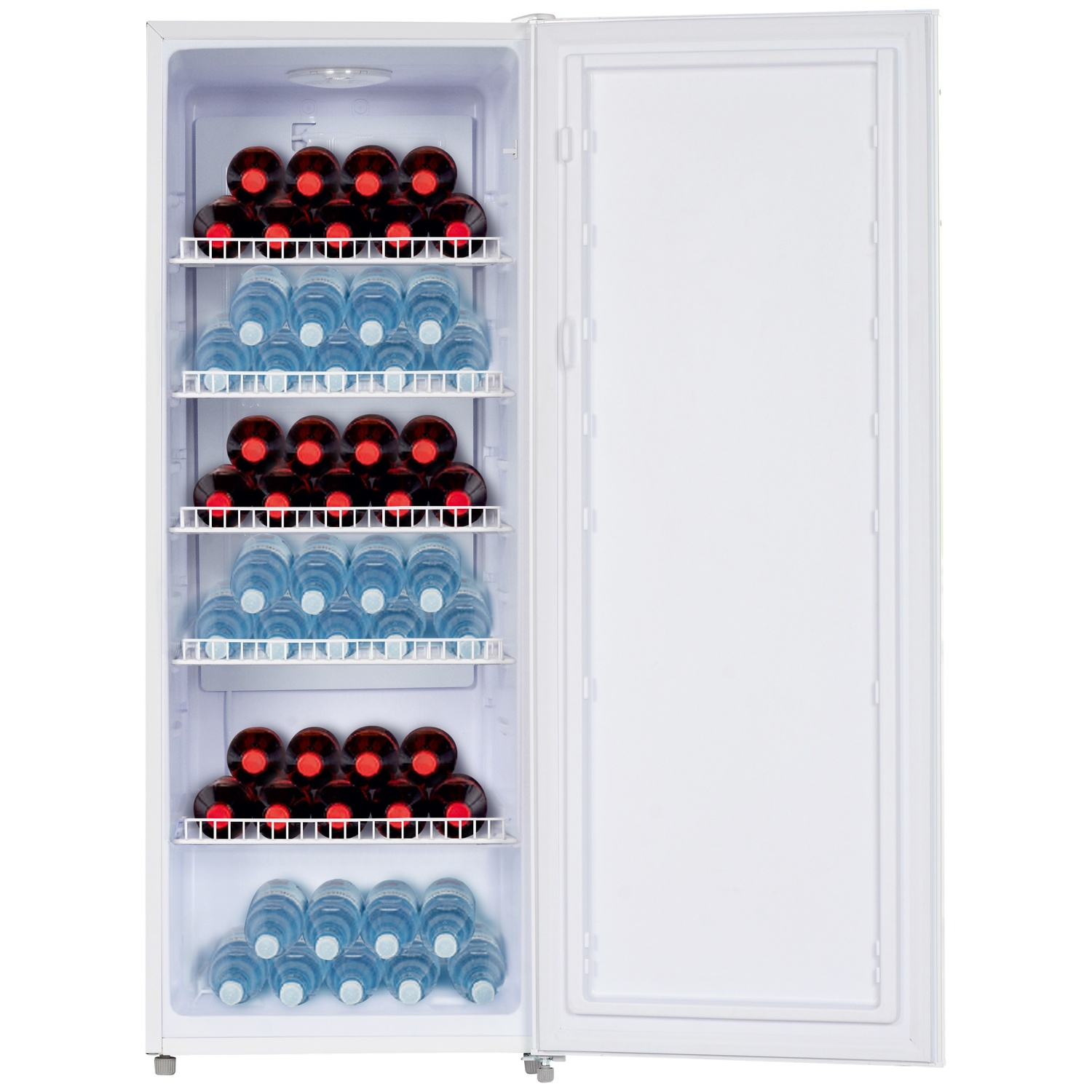 An open white refrigerator with multiple shelves filled with water bottles and dark bottles.