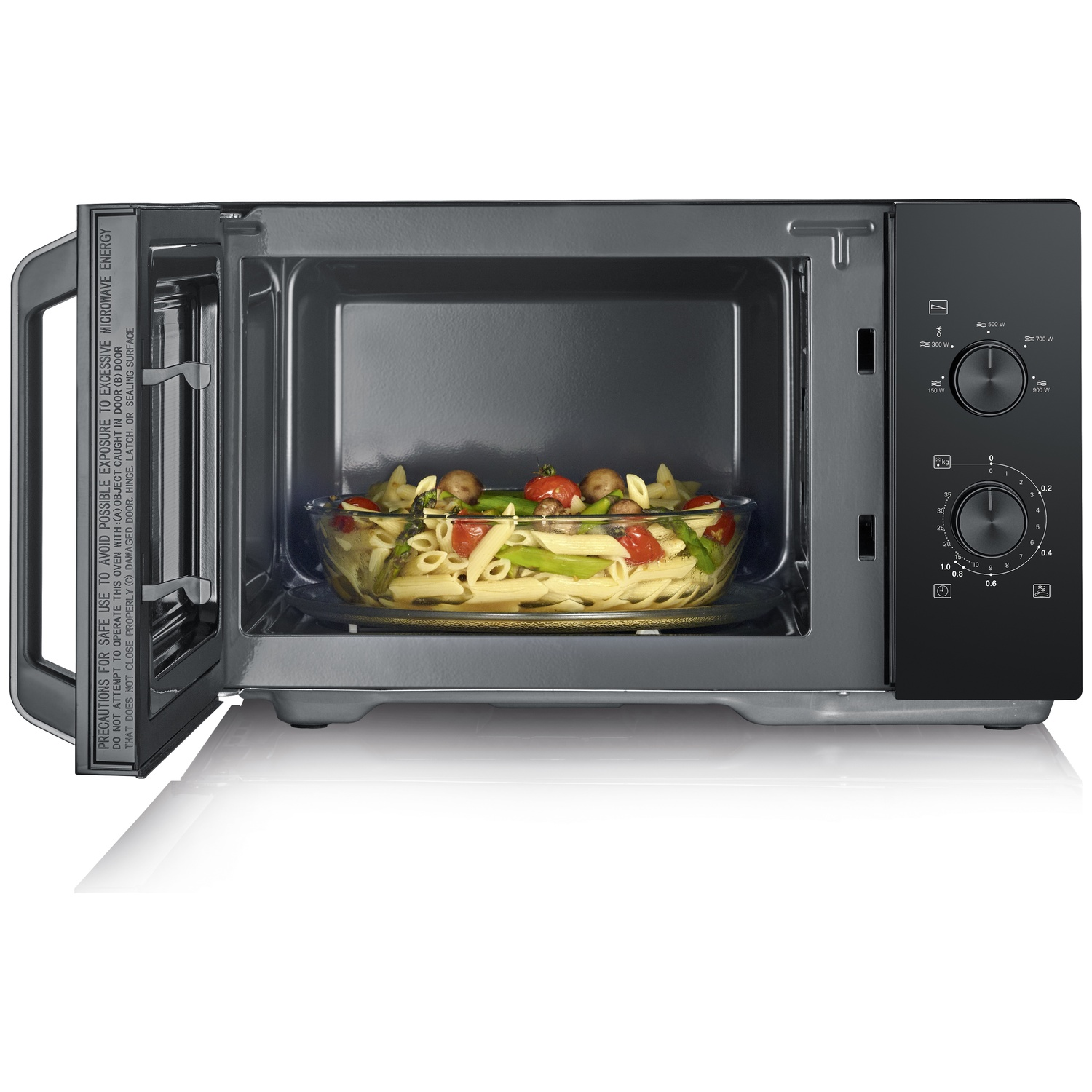 A microwave with an open door, containing a bowl of pasta and vegetables.