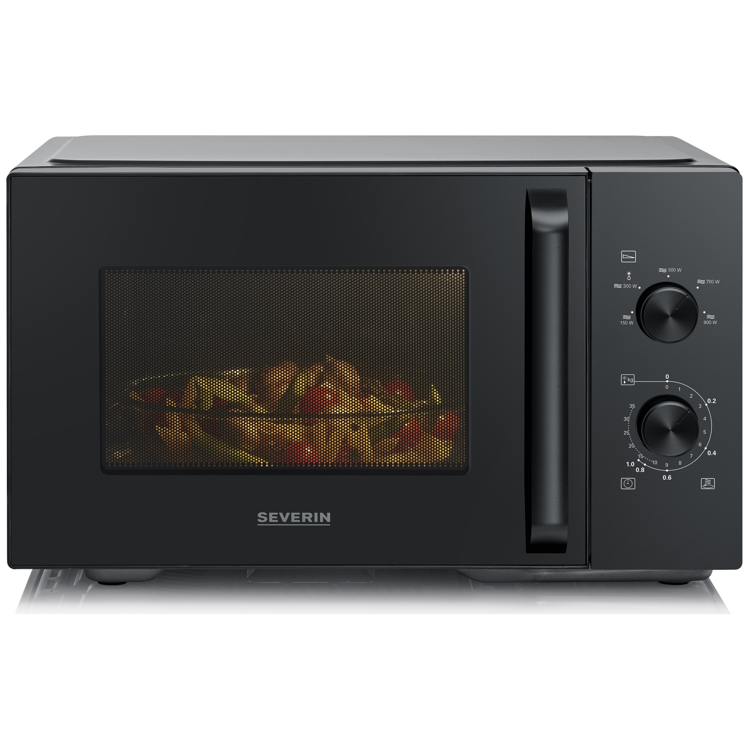 Black microwave with a window showing food inside. Controls on the right side.