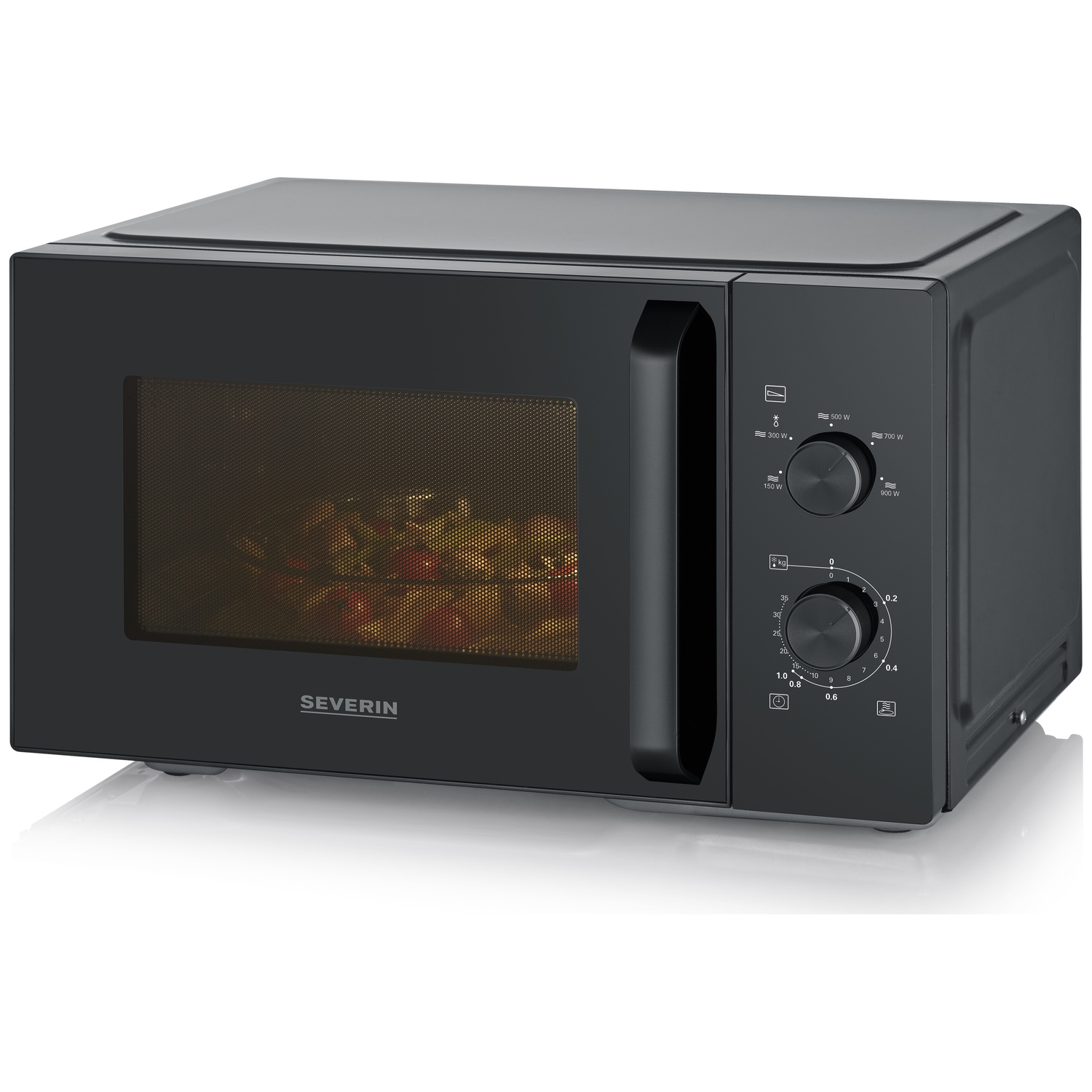 Black Severin microwave with food inside, front view, controls on the right.