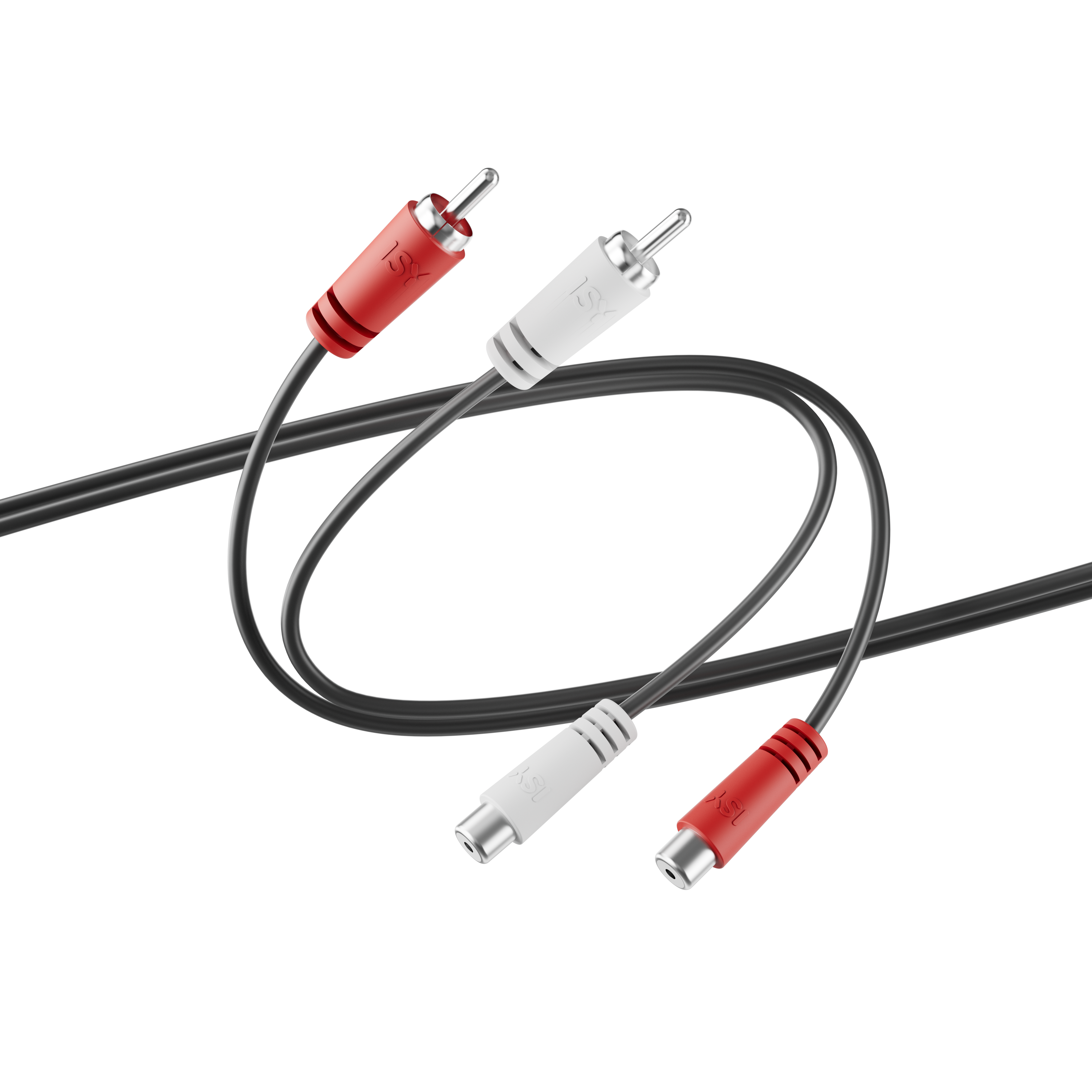 Ein rotes und ein weißes RCA-Kabel mit schwarzen Kabeln auf schwarzem Hintergrund.