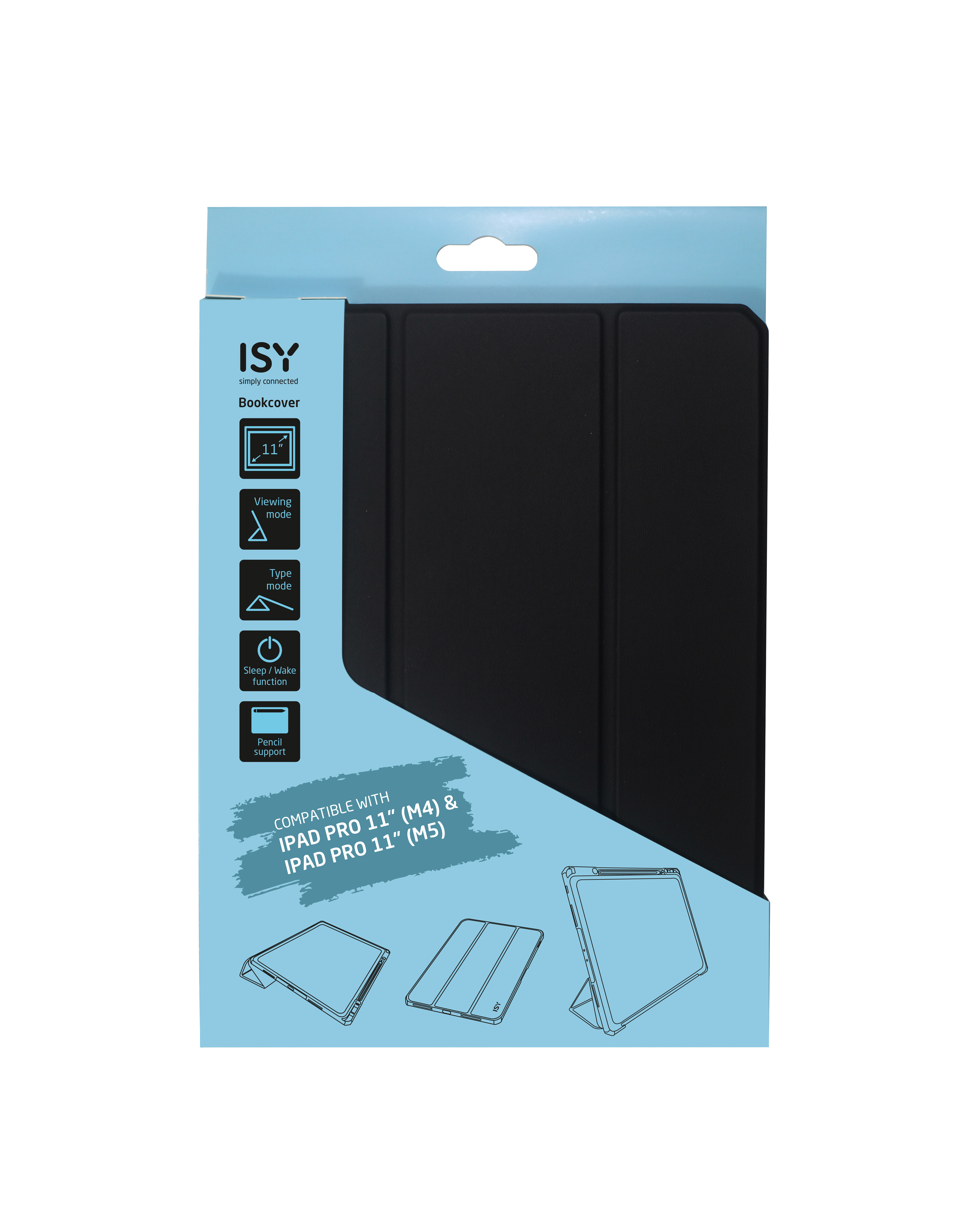 Fekete ISY könyvtok 11" iPad Pro-hoz, nézet- és gépelési módokkal.