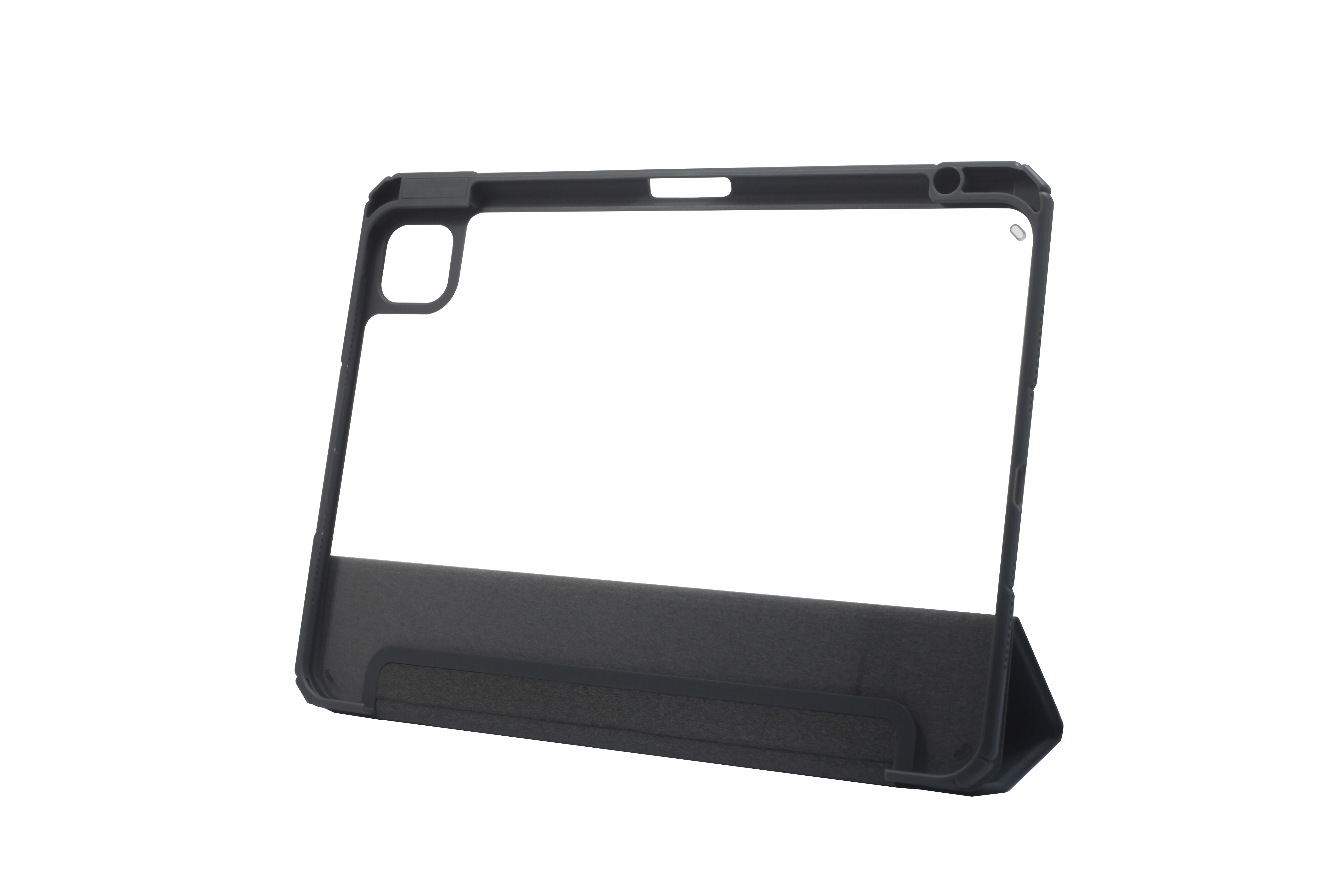 Sötét tablettaállvány szövetborítással és kerettel.