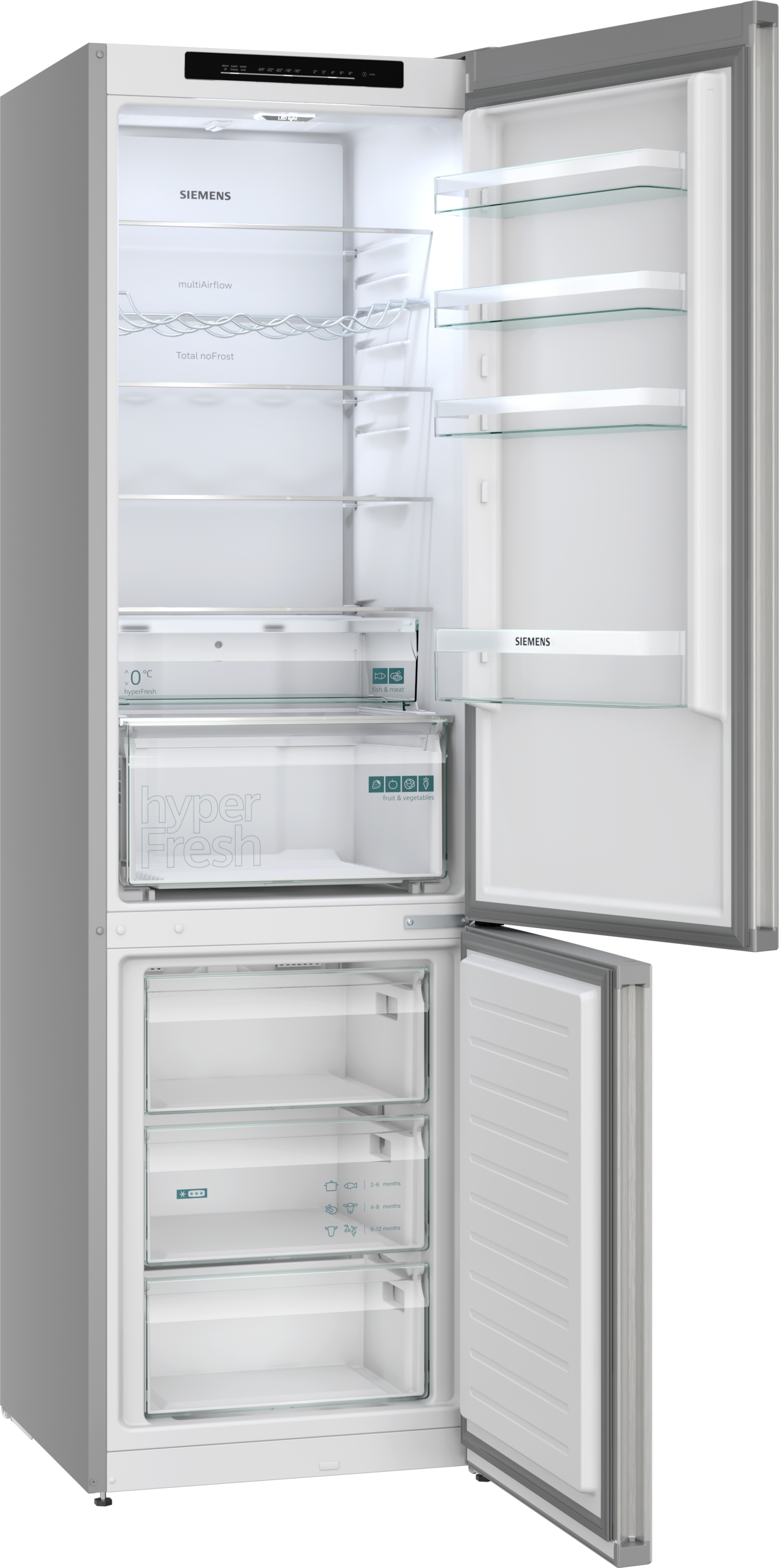 Ein offener Siemens Kühlschrank mit Glasregalen, Schubladen und LED-Beleuchtung.