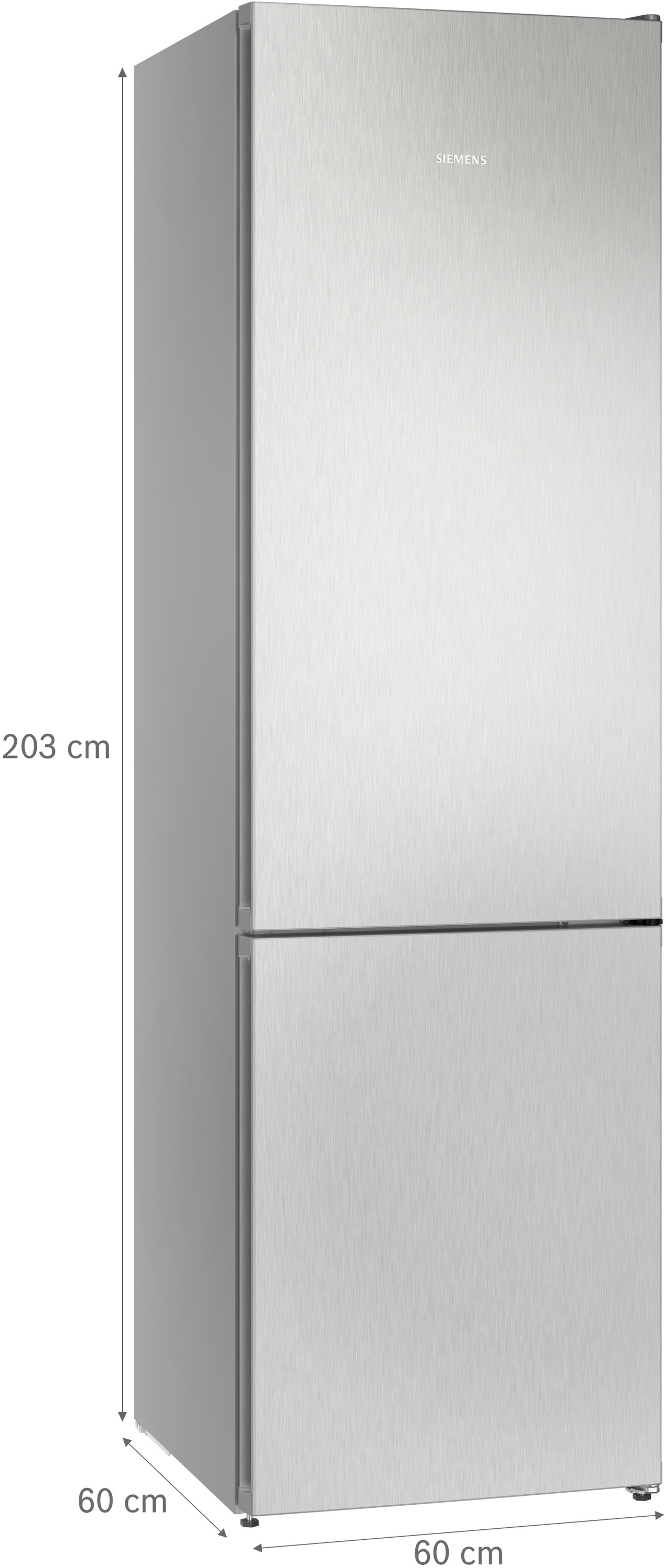 Ein schlankes, silbernes Siemens-Kühlschrank mit den Maßen 203x60x60 cm.