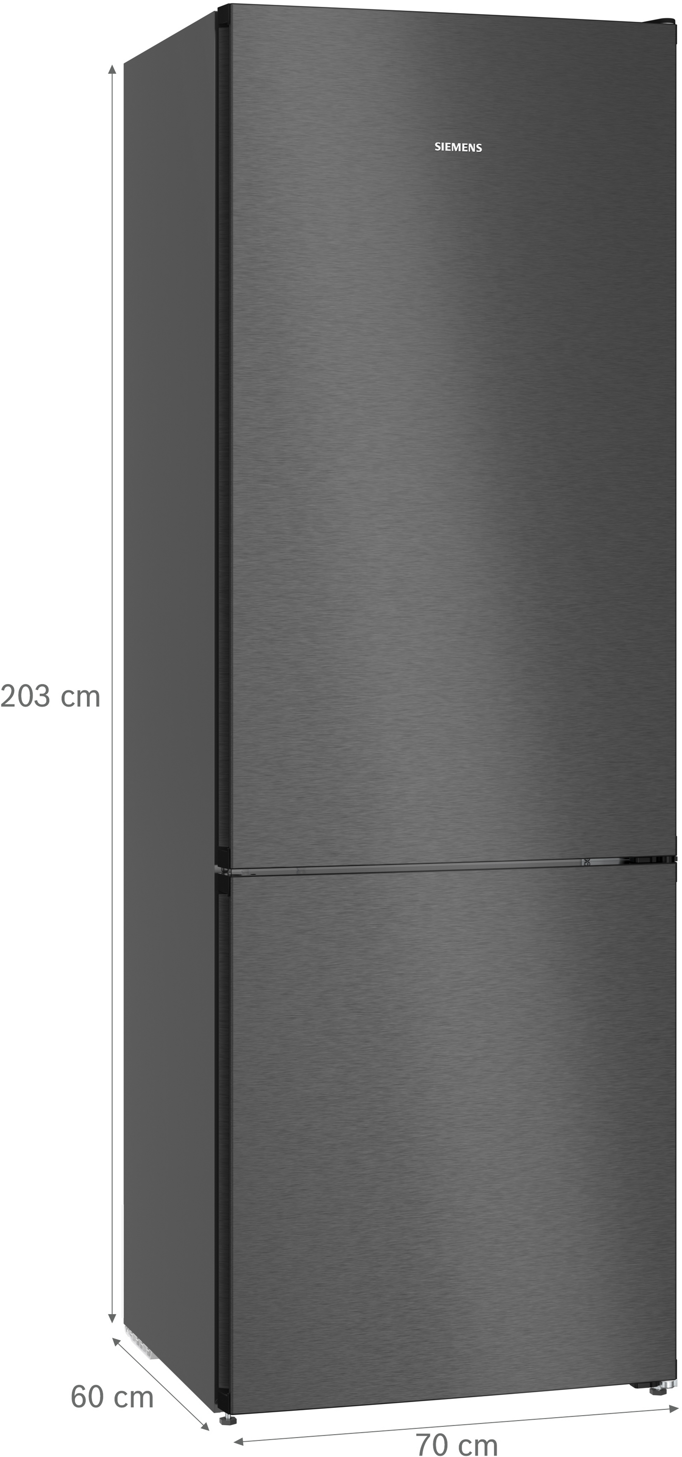 Ein hoher, dunkler Siemens Kühlschrank mit zwei Türen, 203 cm hoch.