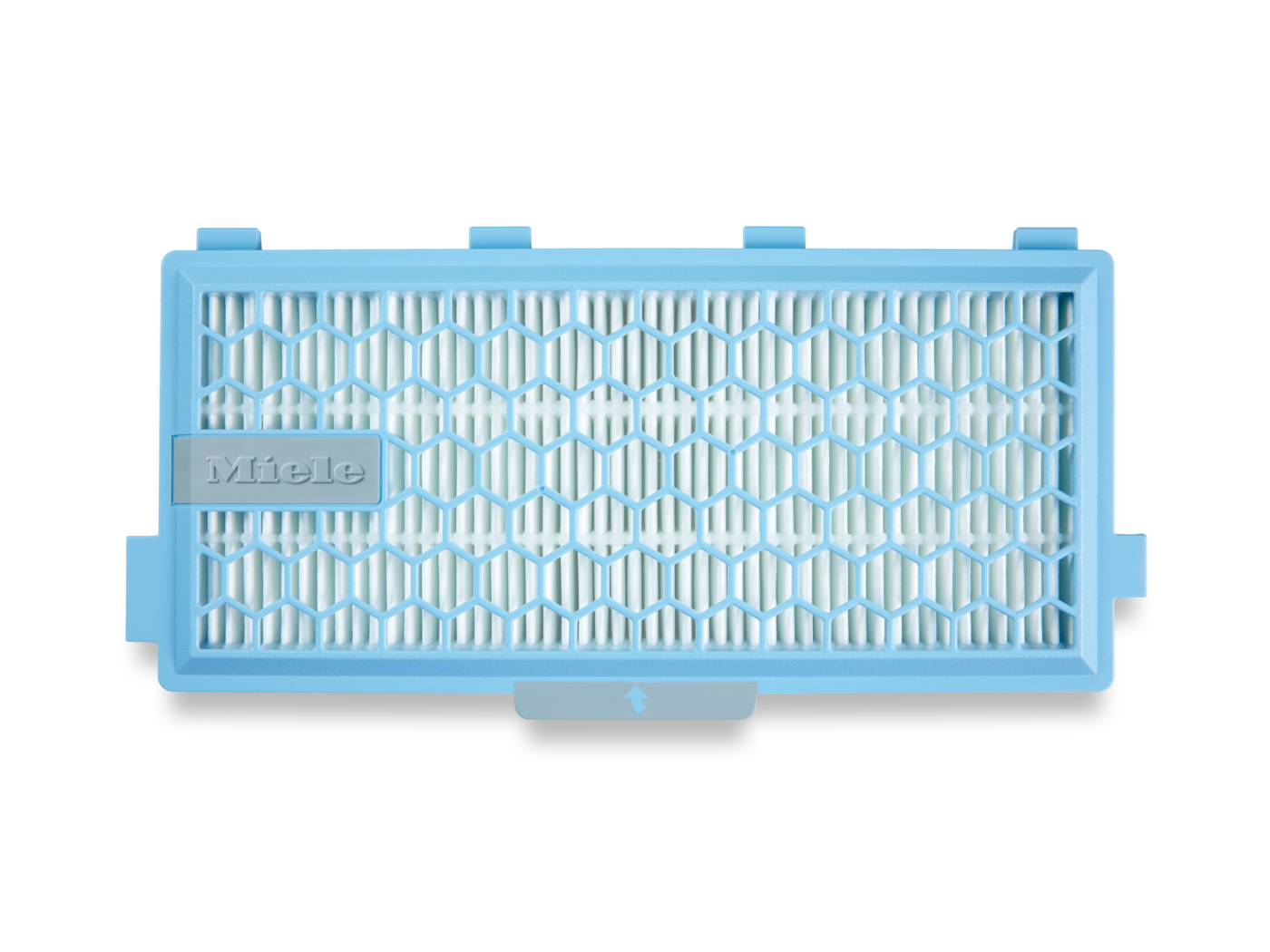 Ein hellblauer Miele-Filter mit wabenartiger Struktur.