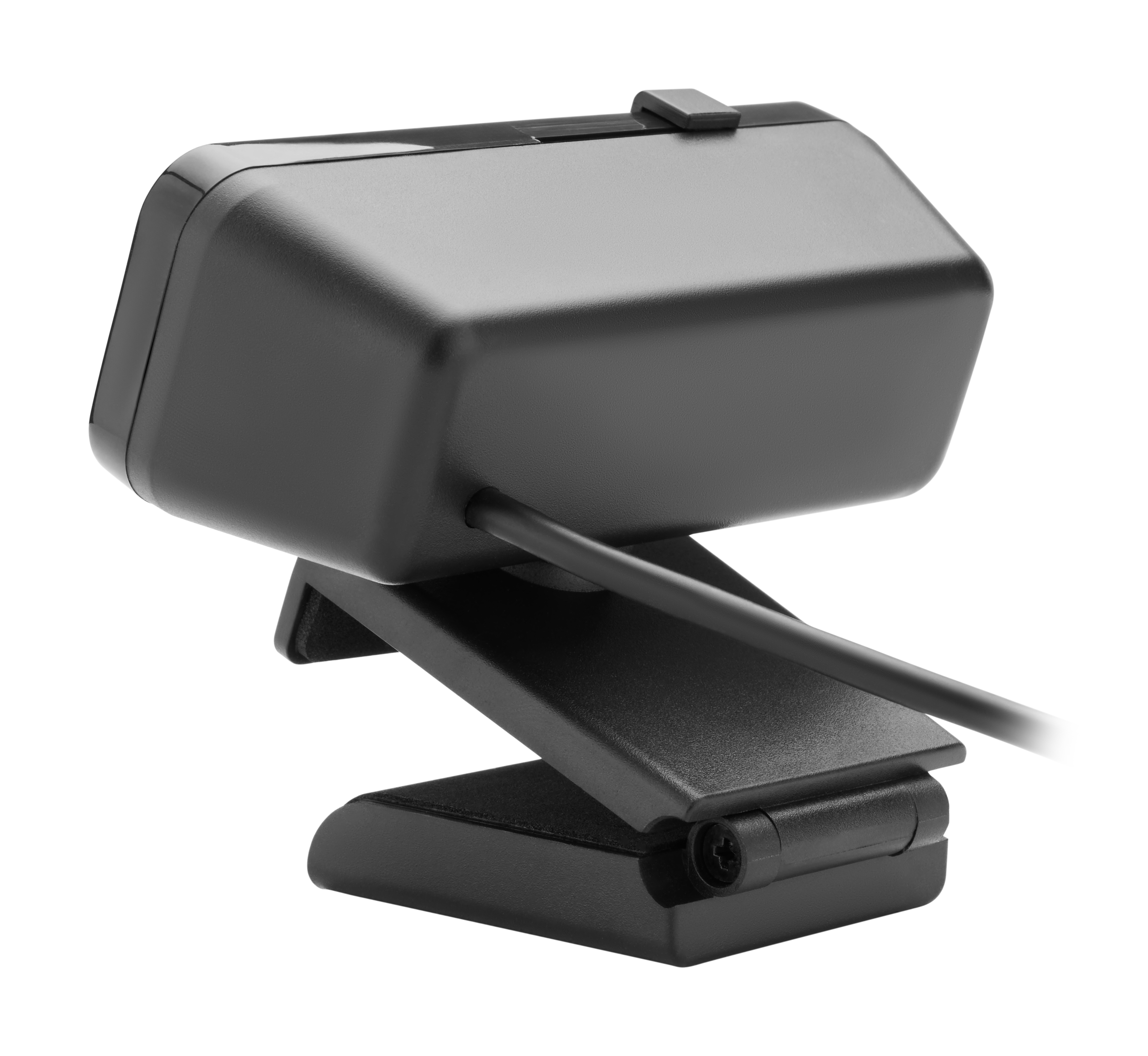 Schwarze Webcam mit flexiblem Ständer und Kabel auf weißem Hintergrund.