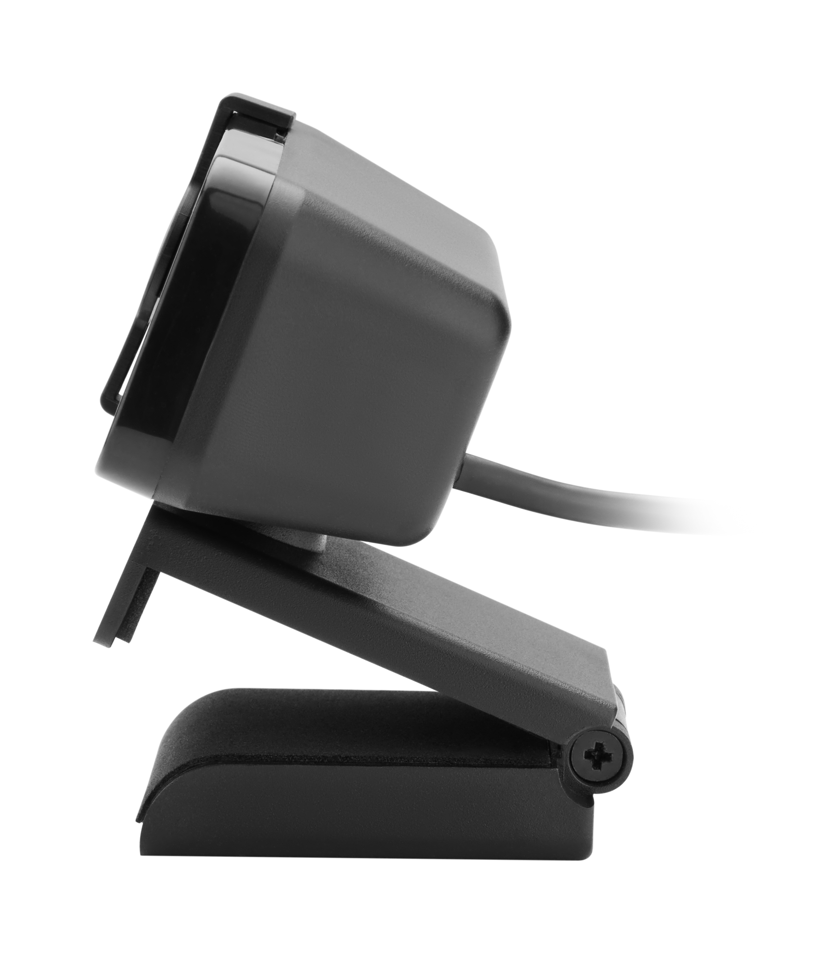 Eine schwarze Webcam mit einem verstellbaren Ständer und einem Kabel.