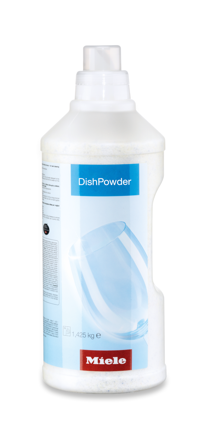 Weiße Miele DishPowder Flasche, 1,425 kg. Mit blauem Etikett und Glasgrafik.